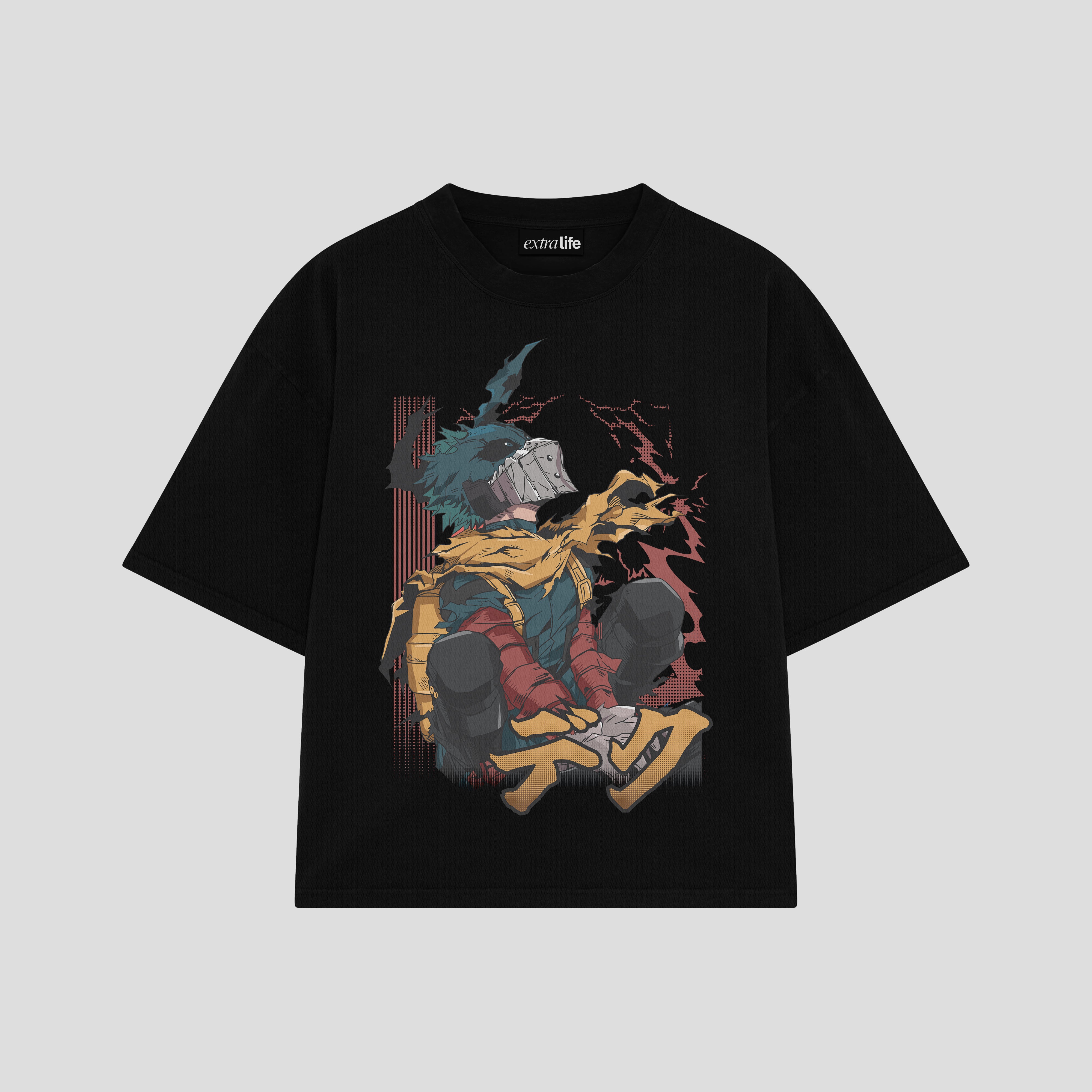 Playera streetwear premium de anime y gaming ExtraLife MX, corte boxy oversized drop shoulder heavyweight en color Deep Black y Off-White, moda urbana mexicana de culto.