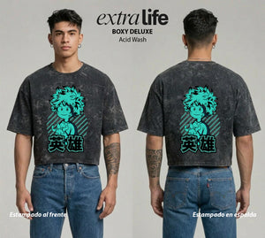 Playera streetwear premium de anime y gaming ExtraLife MX, corte boxy deluxe mineral wash heavyweight en color Acid Wash, moda urbana mexicana de culto.