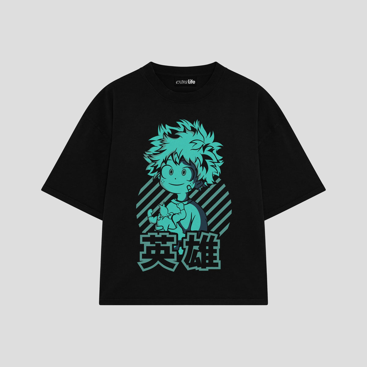 Playera streetwear premium de anime y gaming ExtraLife MX, corte oversized drop shoulder ligero y fresco en color Deep Black y Off-White, moda urbana mexicana de culto.