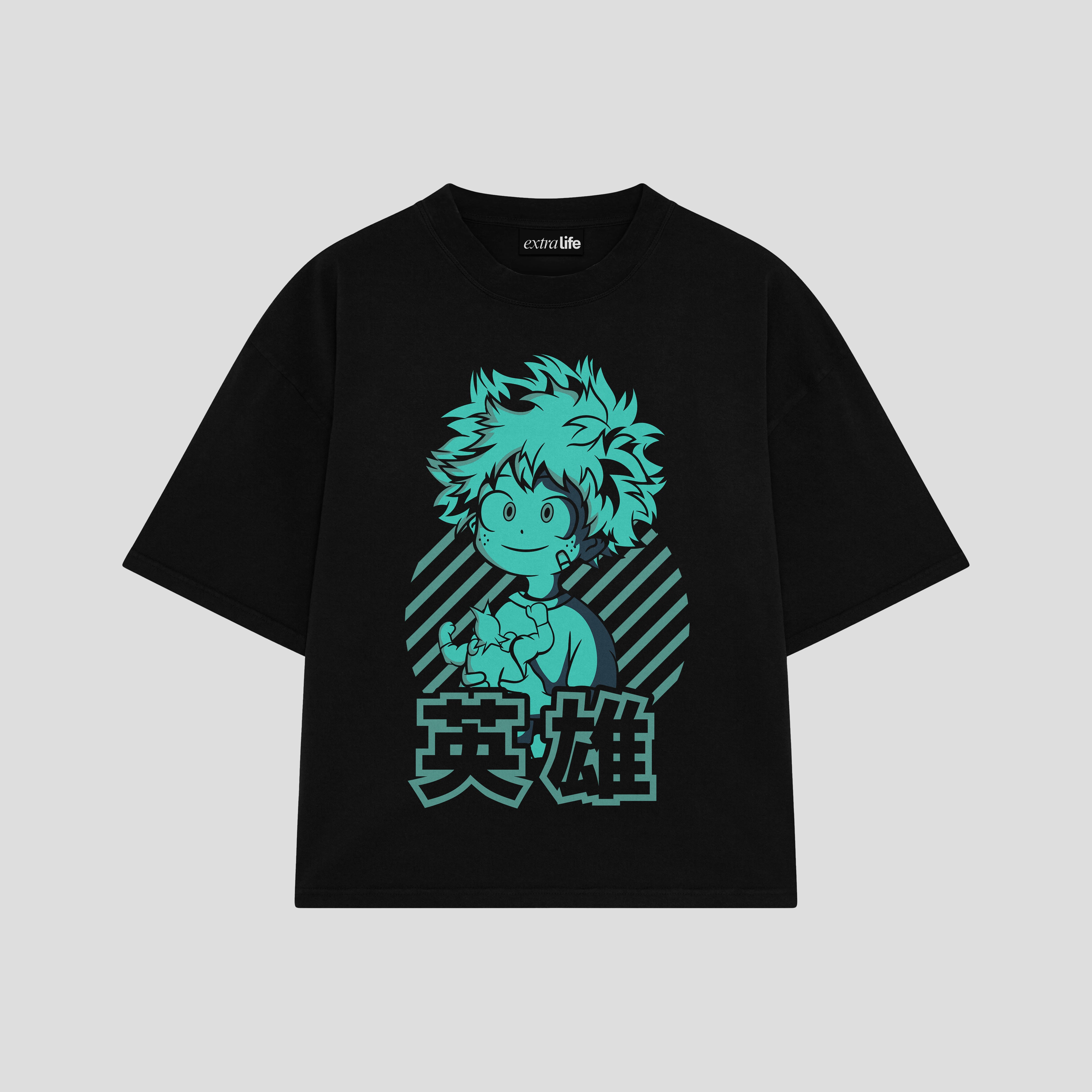 Playera streetwear premium de anime y gaming ExtraLife MX, corte boxy oversized drop shoulder heavyweight en color Deep Black y Off-White, moda urbana mexicana de culto.