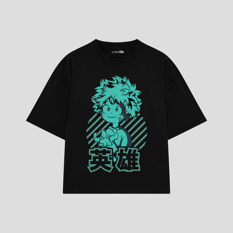Playera streetwear premium de anime y gaming ExtraLife MX, corte boxy oversized drop shoulder heavyweight en color Deep Black y Off-White, moda urbana mexicana de culto.