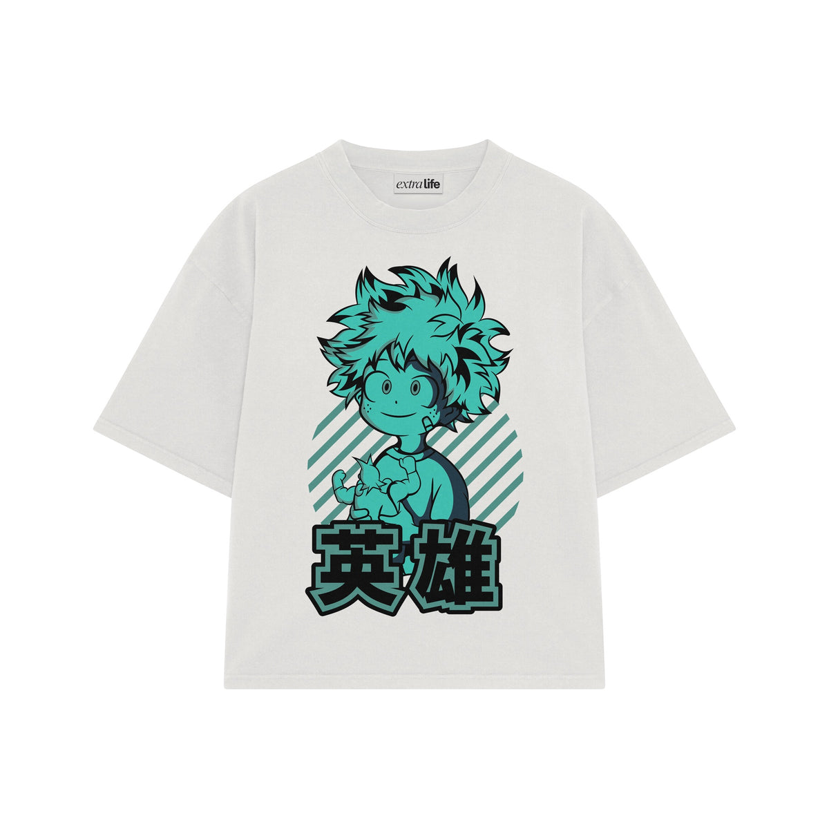 Playera streetwear premium de anime y gaming ExtraLife MX, corte oversized drop shoulder ligero y fresco en color Deep Black y Off-White, moda urbana mexicana de culto.