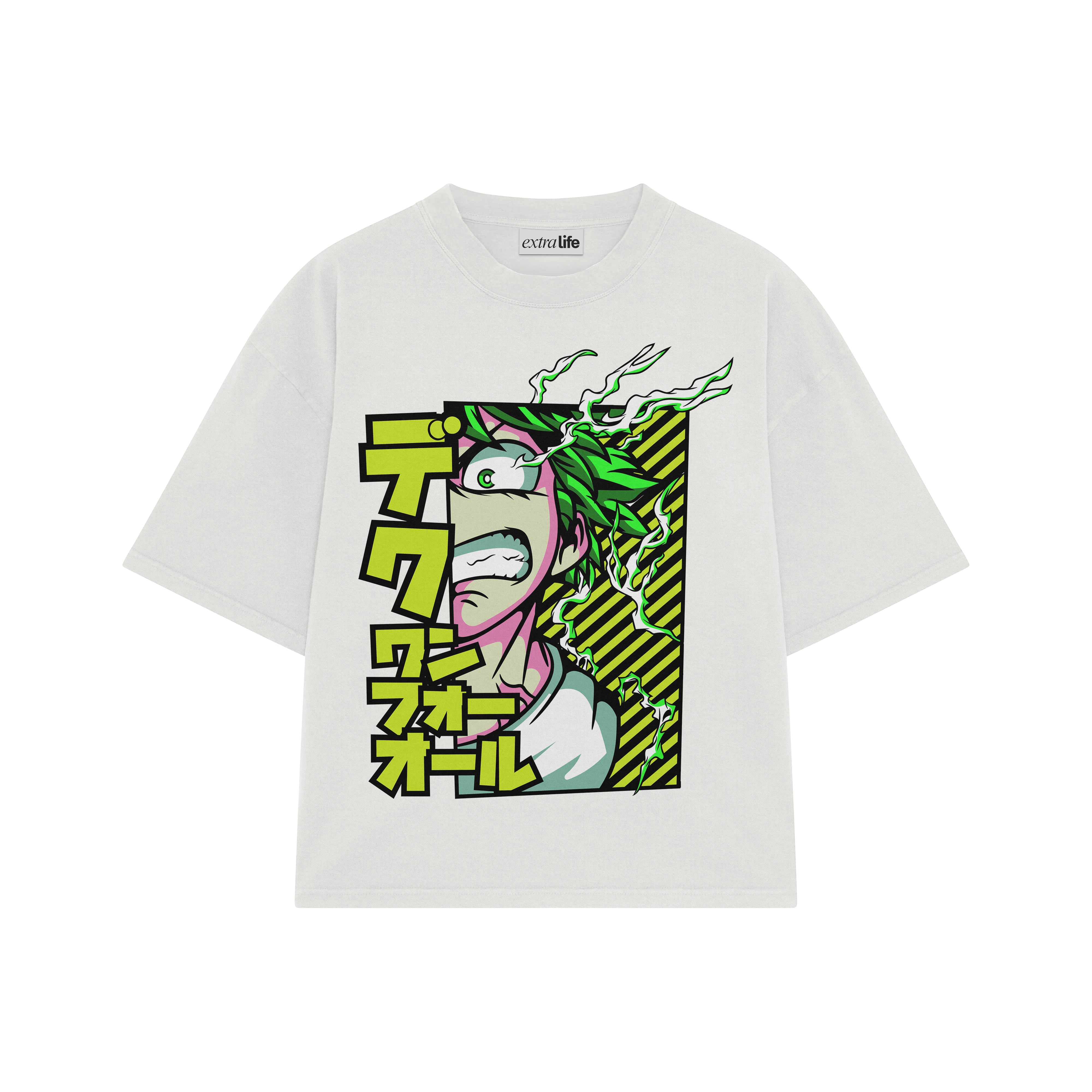 Playera streetwear premium de anime y gaming ExtraLife MX, corte boxy oversized drop shoulder heavyweight en color Deep Black y Off-White, moda urbana mexicana de culto.