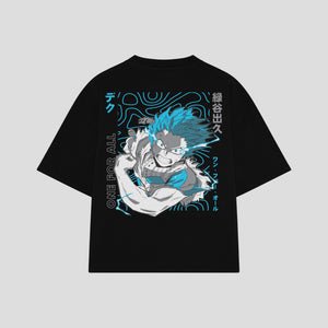 Playera streetwear premium de anime y gaming ExtraLife MX, corte boxy oversized drop shoulder heavyweight en color Deep Black y Off-White, moda urbana mexicana de culto.