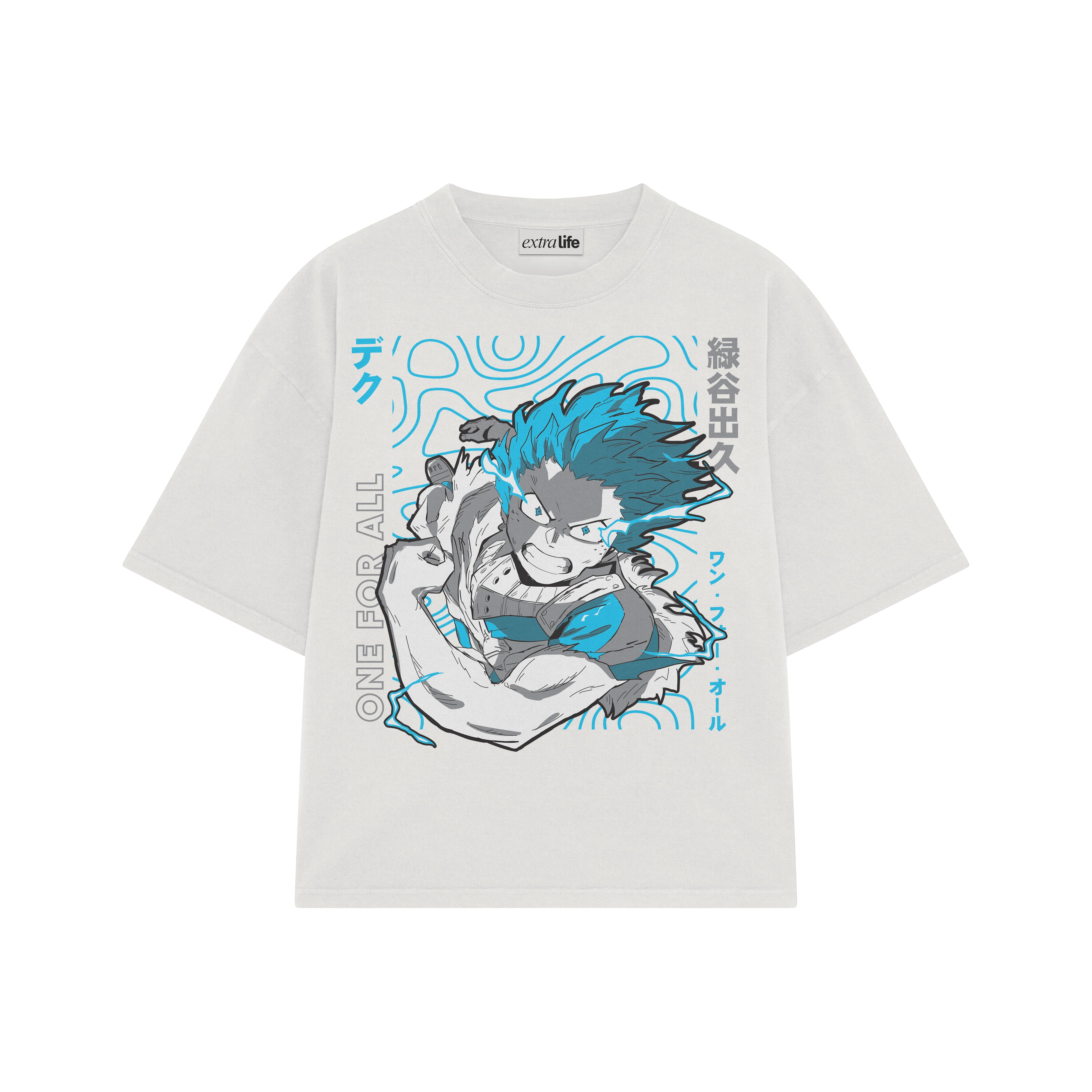 Playera streetwear premium de anime y gaming ExtraLife MX, corte boxy oversized drop shoulder heavyweight en color Deep Black y Off-White, moda urbana mexicana de culto.