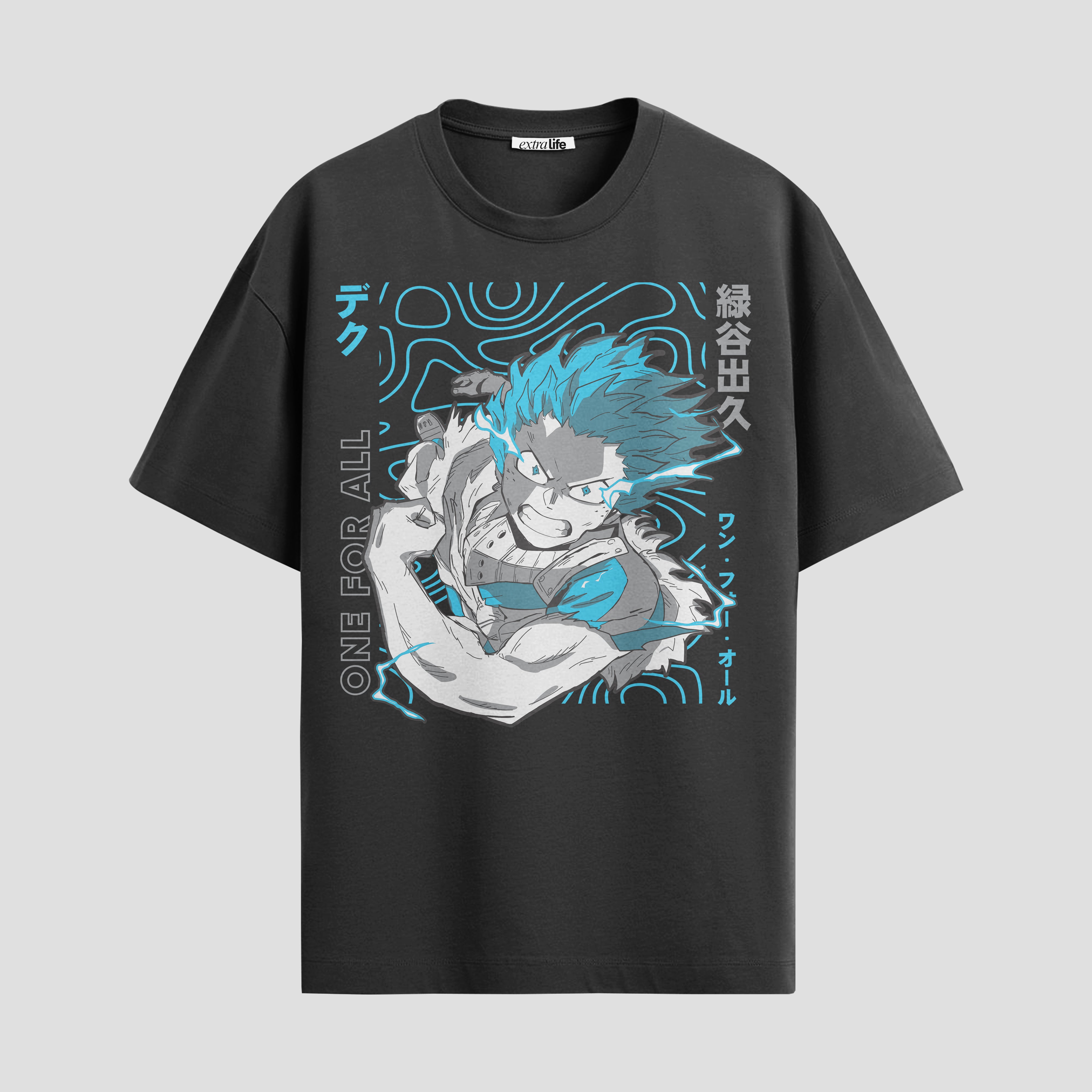 Playera urbana de anime y gaming ExtraLife MX, corte Standard Fit unisex ligero y transpirable en color Deep Black y Pure White, ropa de uso diario para gym y casual.