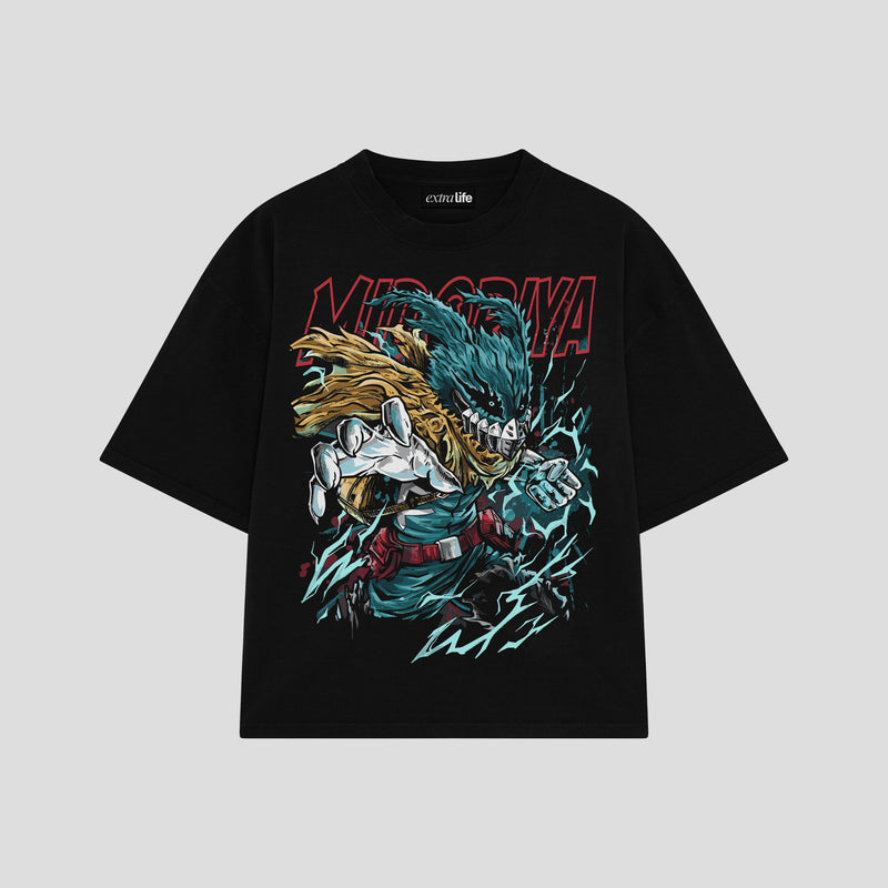 Playera streetwear premium de anime y gaming ExtraLife MX, corte boxy oversized drop shoulder heavyweight en color Deep Black y Off-White, moda urbana mexicana de culto.
