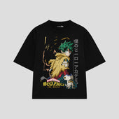 Playera streetwear premium de anime y gaming ExtraLife MX, corte boxy oversized drop shoulder heavyweight en color Deep Black y Off-White, moda urbana mexicana de culto.