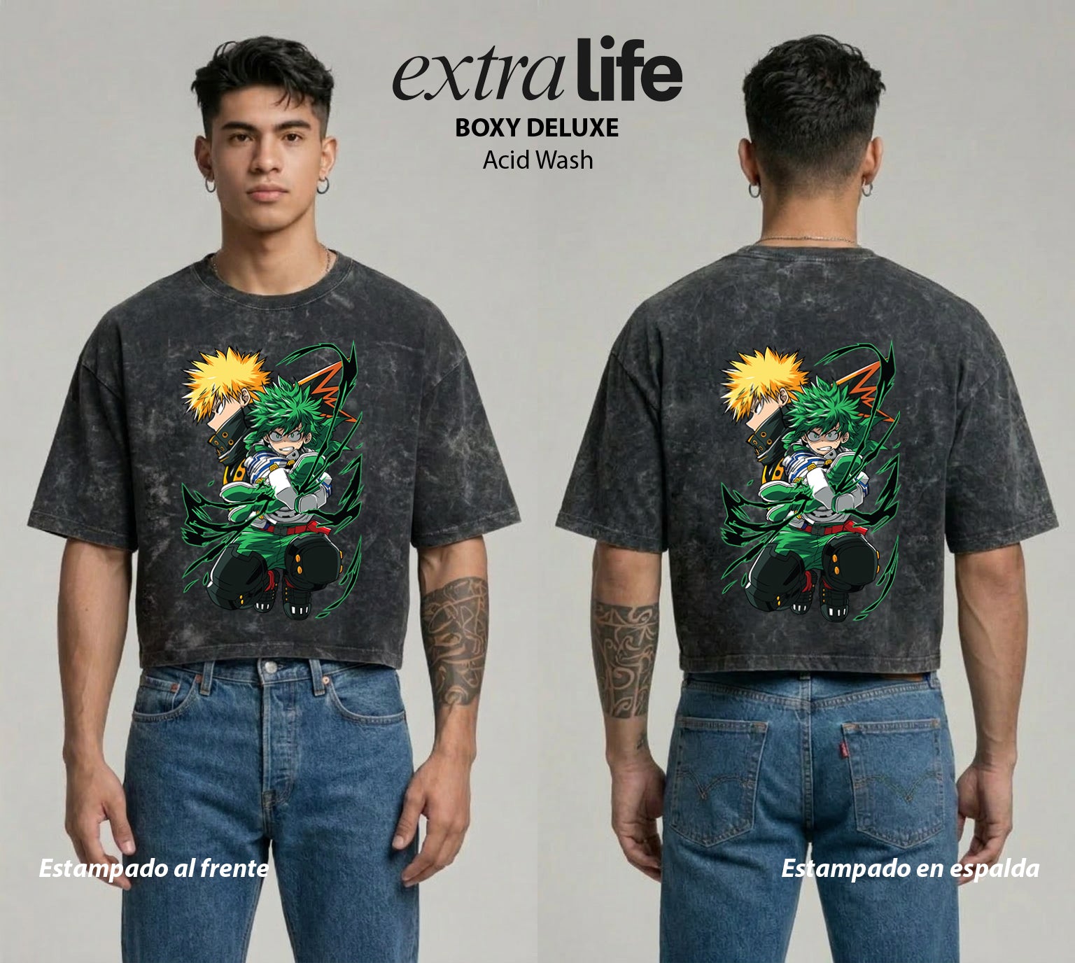 Playera streetwear premium de anime y gaming ExtraLife MX, corte boxy deluxe mineral wash heavyweight en color Acid Wash, moda urbana mexicana de culto.