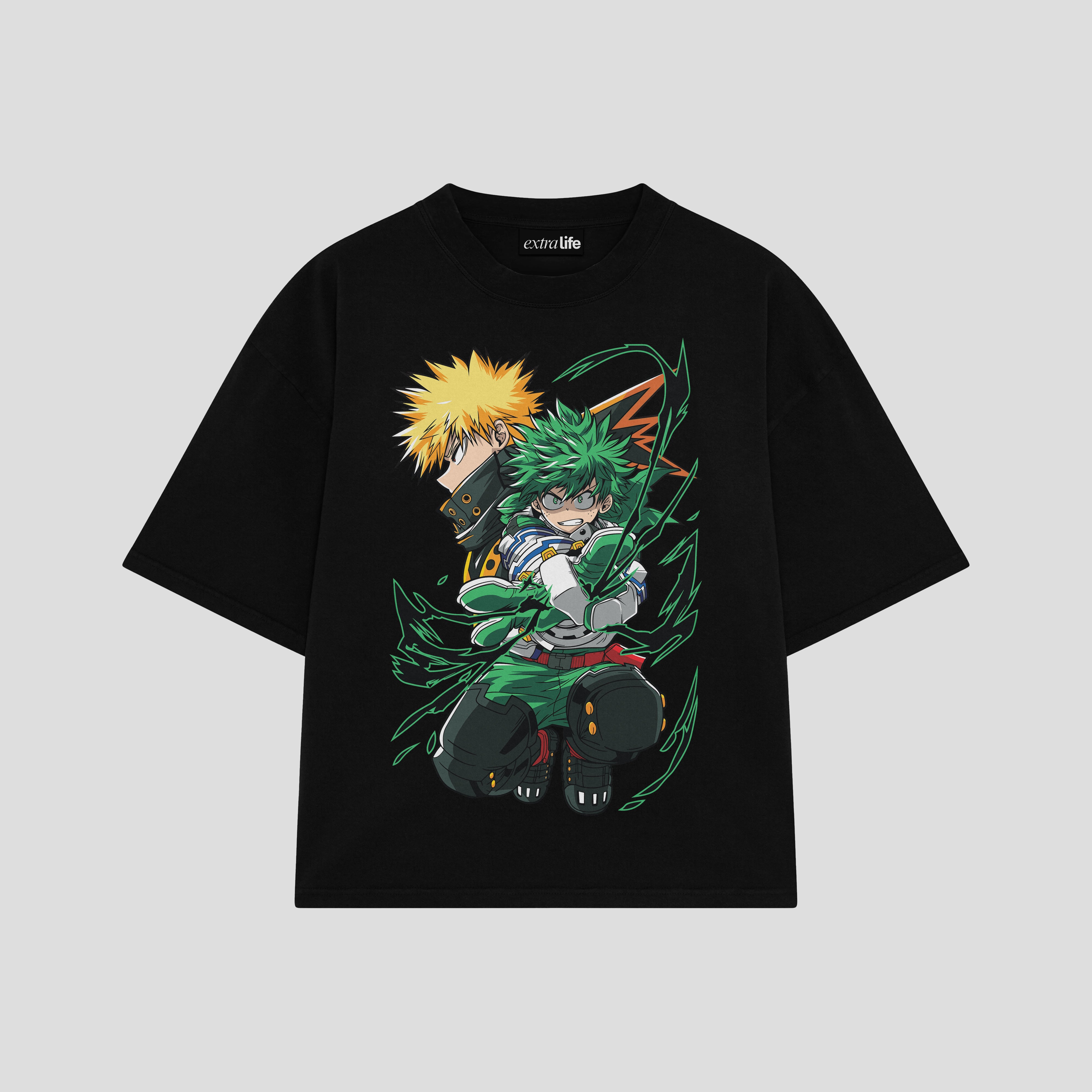 Playera streetwear premium de anime y gaming ExtraLife MX, corte boxy oversized drop shoulder heavyweight en color Deep Black y Off-White, moda urbana mexicana de culto.