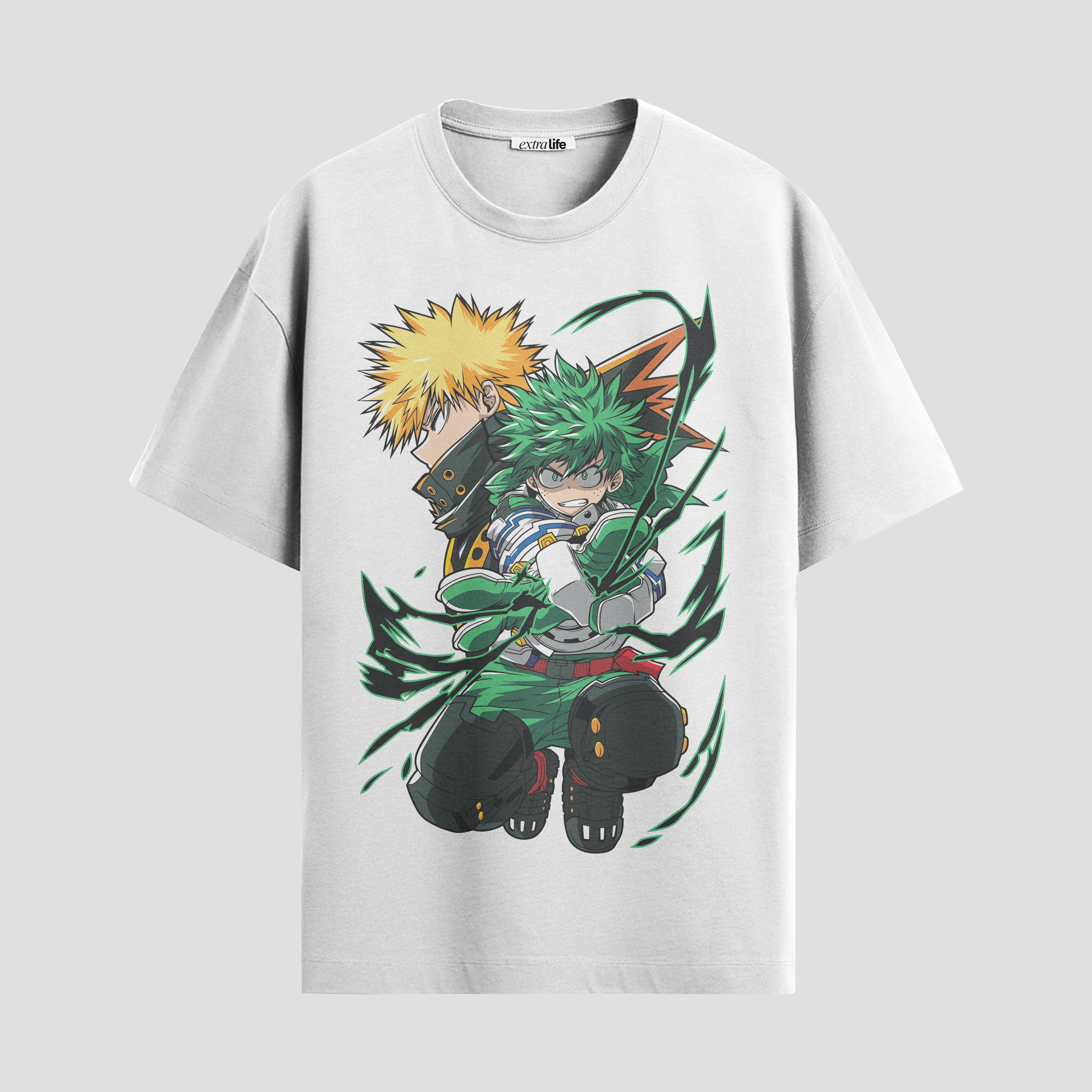 Playera urbana de anime y gaming ExtraLife MX, corte Standard Fit unisex ligero y transpirable en color Deep Black y Pure White, ropa de uso diario para gym y casual.