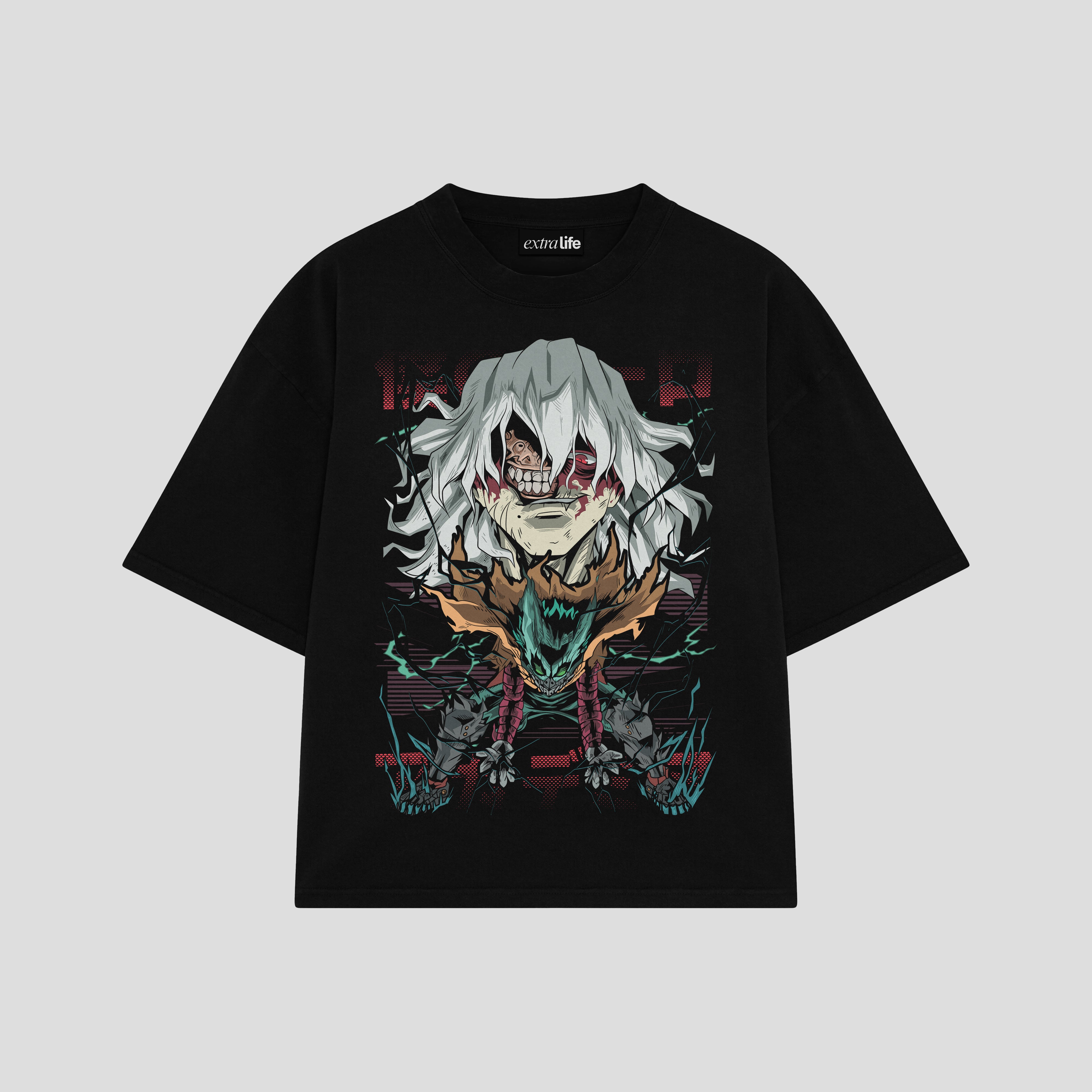Playera streetwear premium de anime y gaming ExtraLife MX, corte boxy oversized drop shoulder heavyweight en color Deep Black y Off-White, moda urbana mexicana de culto.