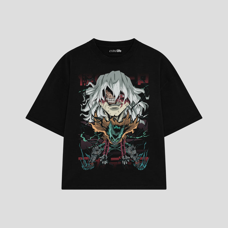 Playera streetwear premium de anime y gaming ExtraLife MX, corte boxy oversized drop shoulder heavyweight en color Deep Black y Off-White, moda urbana mexicana de culto.