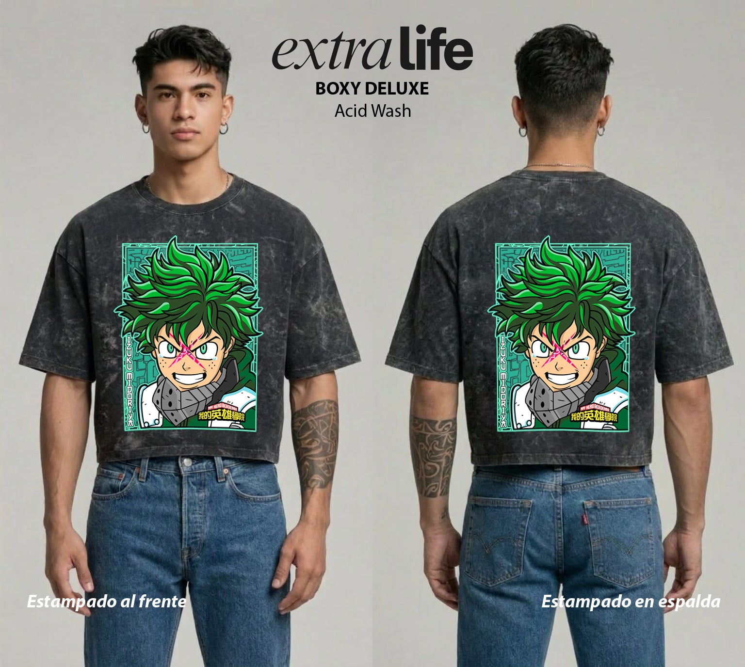 Playera streetwear premium de anime y gaming ExtraLife MX, corte boxy deluxe mineral wash heavyweight en color Acid Wash, moda urbana mexicana de culto.