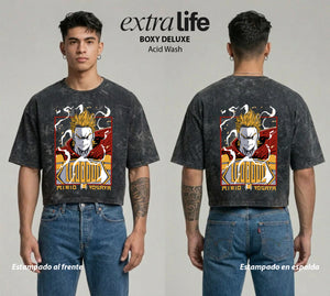 Playera streetwear premium de anime y gaming ExtraLife MX, corte boxy deluxe mineral wash heavyweight en color Acid Wash, moda urbana mexicana de culto.