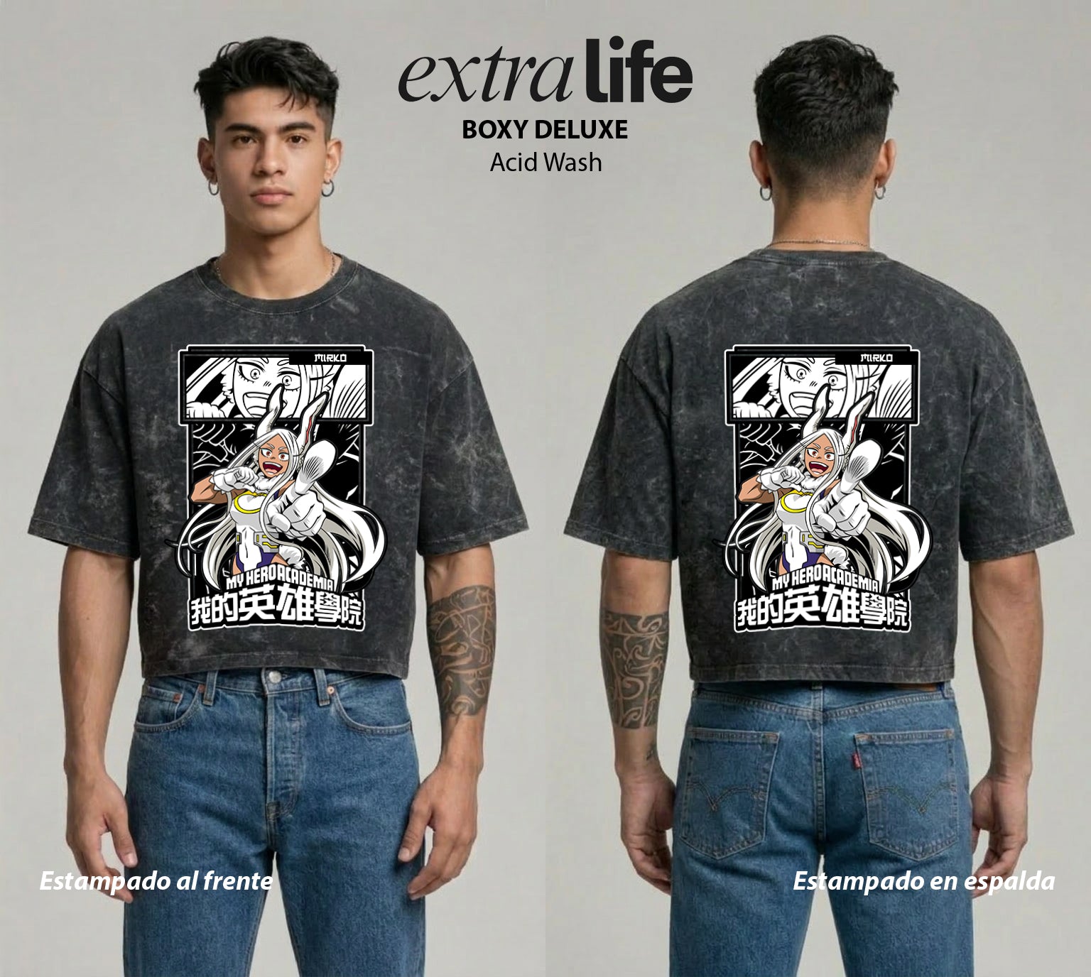 Playera streetwear premium de anime y gaming ExtraLife MX, corte boxy deluxe mineral wash heavyweight en color Acid Wash, moda urbana mexicana de culto.