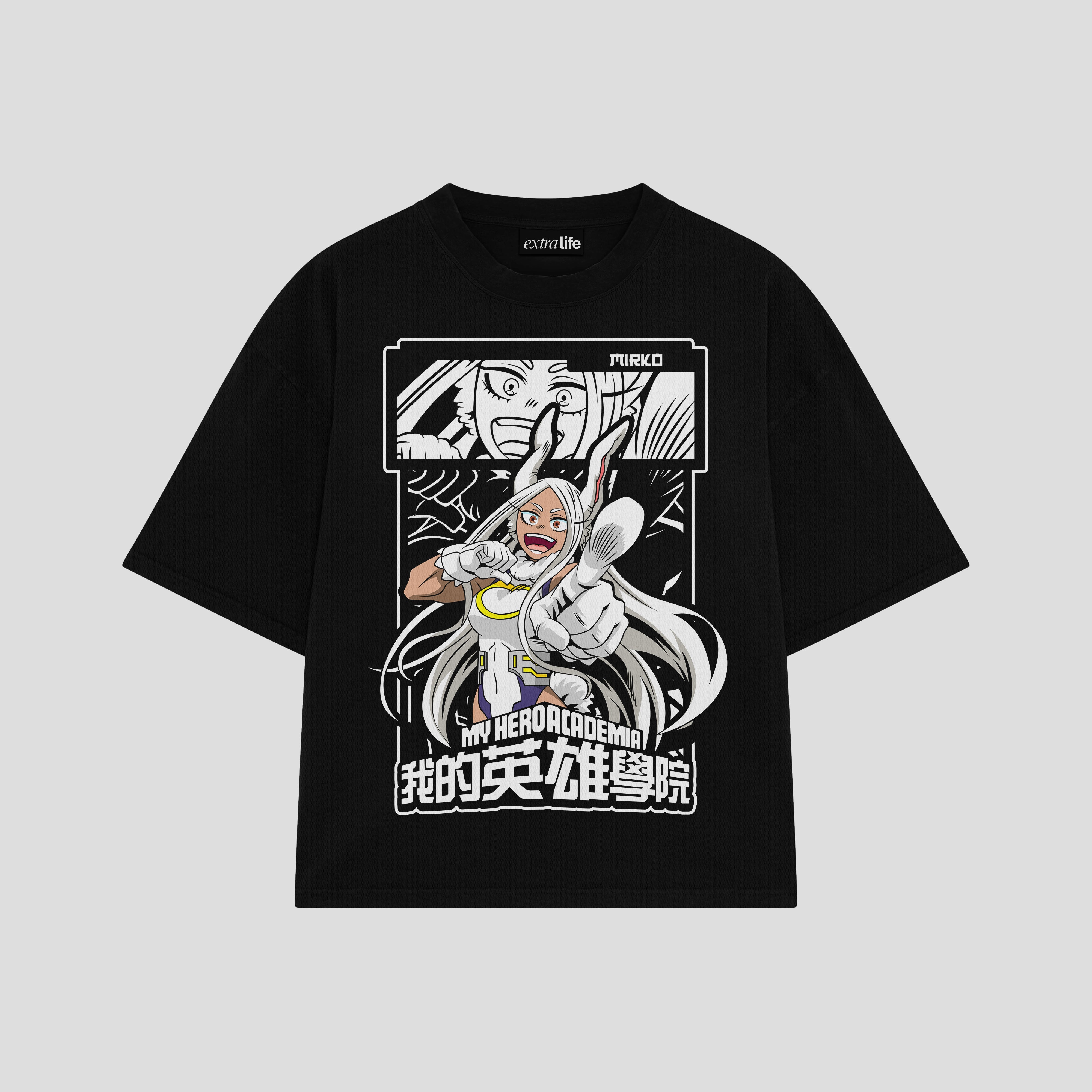 Playera streetwear premium de anime y gaming ExtraLife MX, corte boxy oversized drop shoulder heavyweight en color Deep Black y Off-White, moda urbana mexicana de culto.