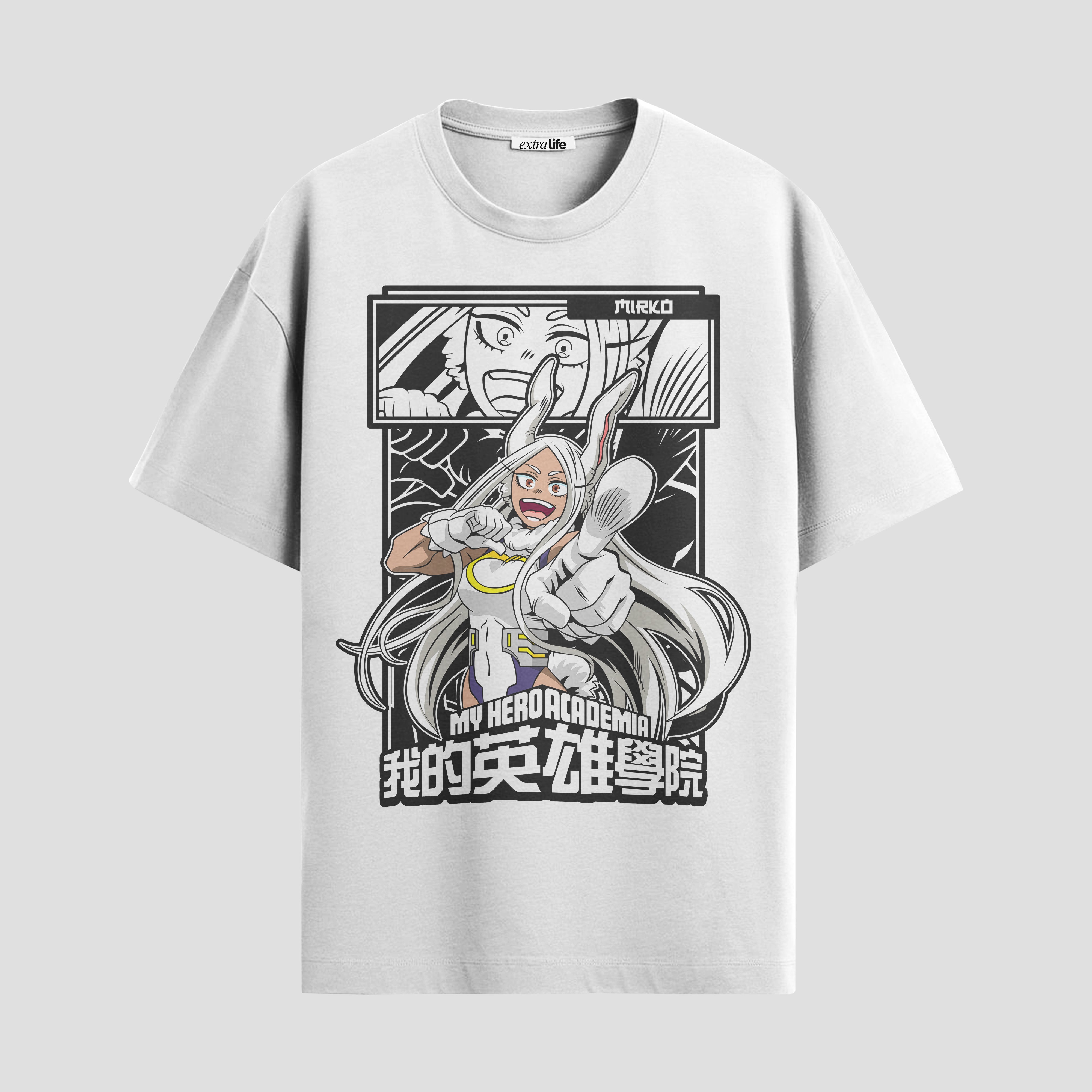 Playera urbana de anime y gaming ExtraLife MX, corte Standard Fit unisex ligero y transpirable en color Deep Black y Pure White, ropa de uso diario para gym y casual.