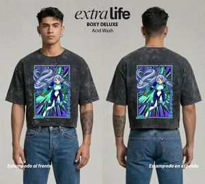Playera streetwear premium de anime y gaming ExtraLife MX, corte boxy deluxe mineral wash heavyweight en color Acid Wash, moda urbana mexicana de culto.