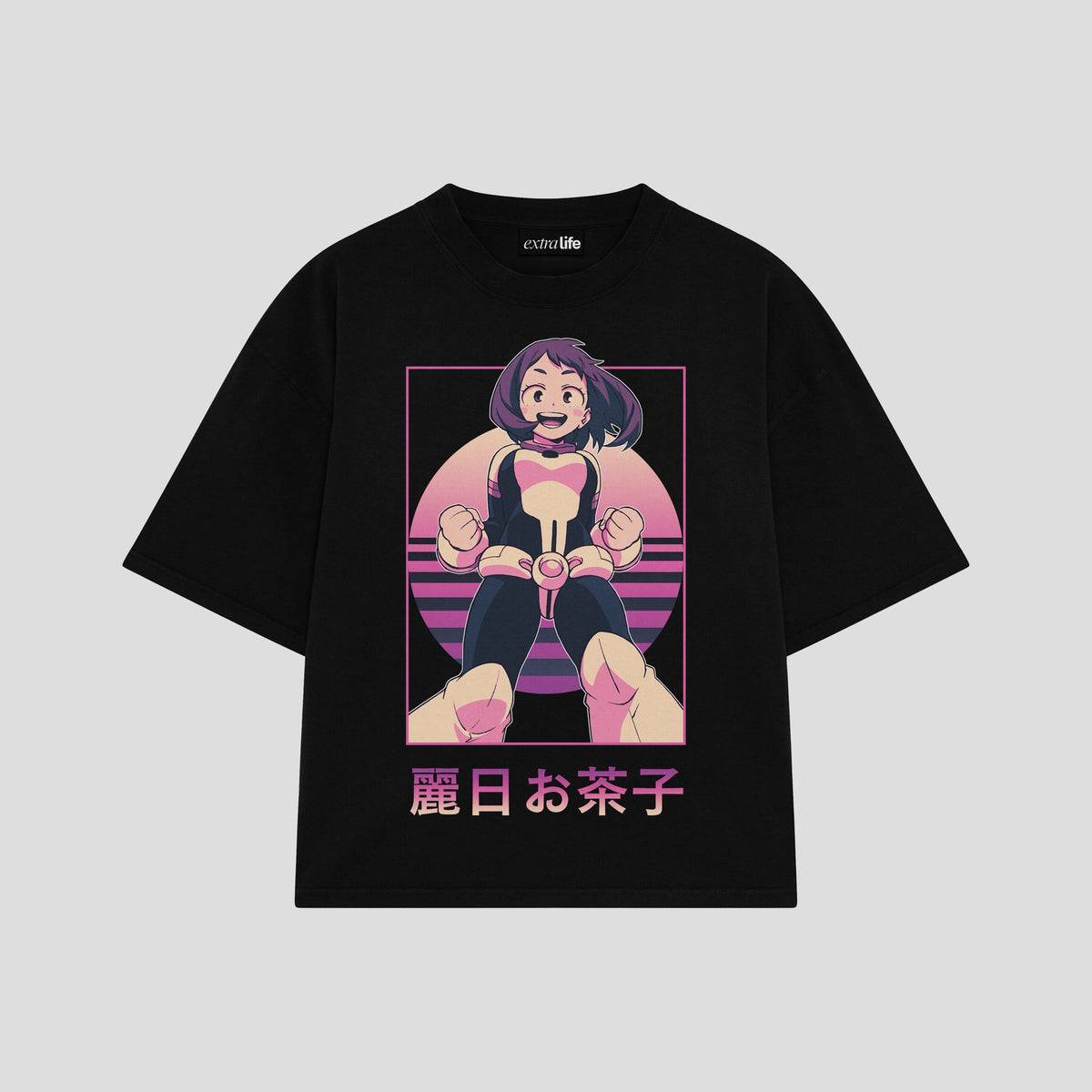 Playera streetwear premium de anime y gaming ExtraLife MX, corte oversized drop shoulder ligero y fresco en color Deep Black y Off-White, moda urbana mexicana de culto.