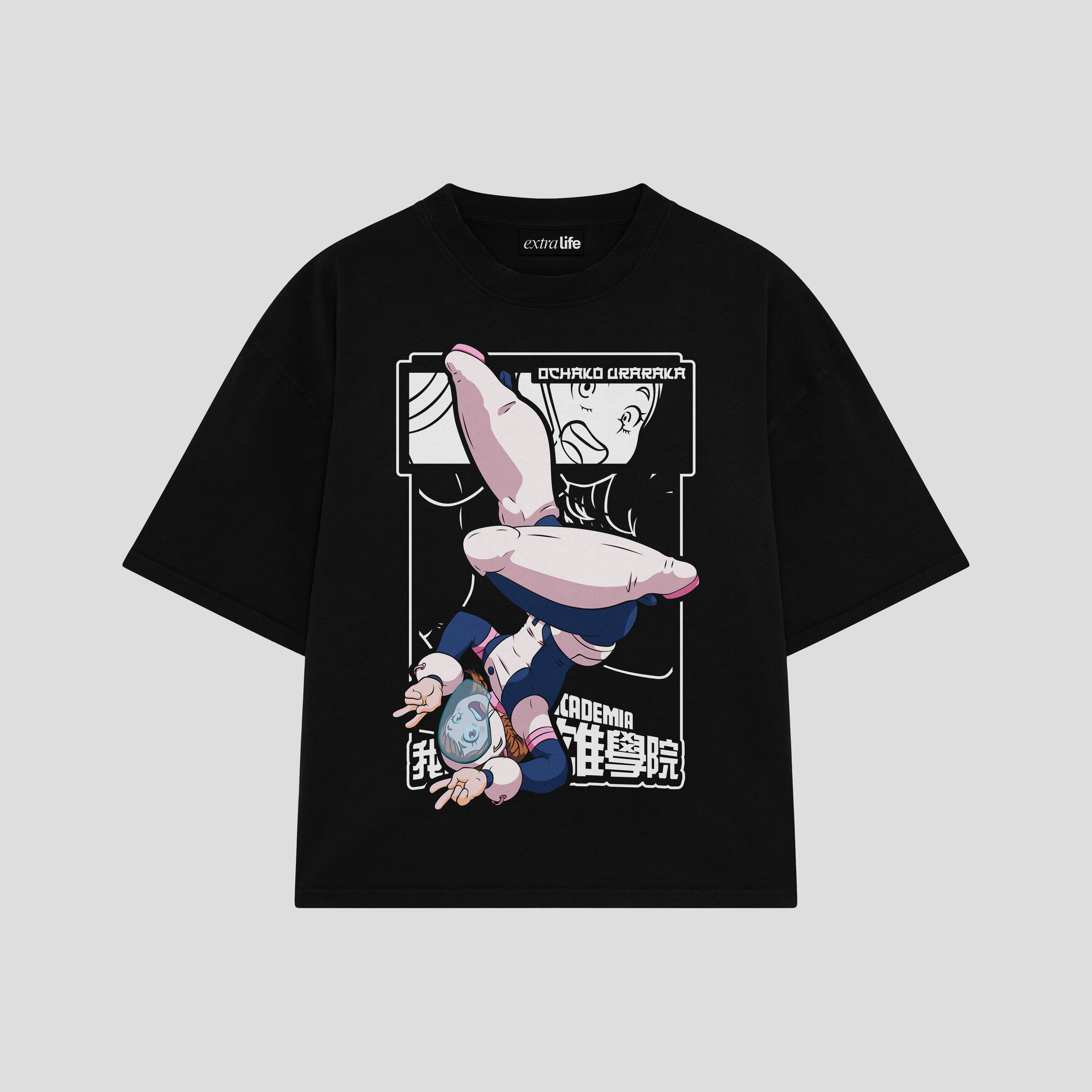 Playera streetwear premium de anime y gaming ExtraLife MX, corte boxy oversized drop shoulder heavyweight en color Deep Black y Off-White, moda urbana mexicana de culto.