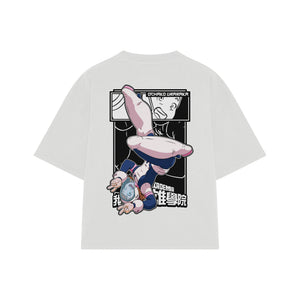 Playera streetwear premium de anime y gaming ExtraLife MX, corte boxy oversized drop shoulder heavyweight en color Deep Black y Off-White, moda urbana mexicana de culto.