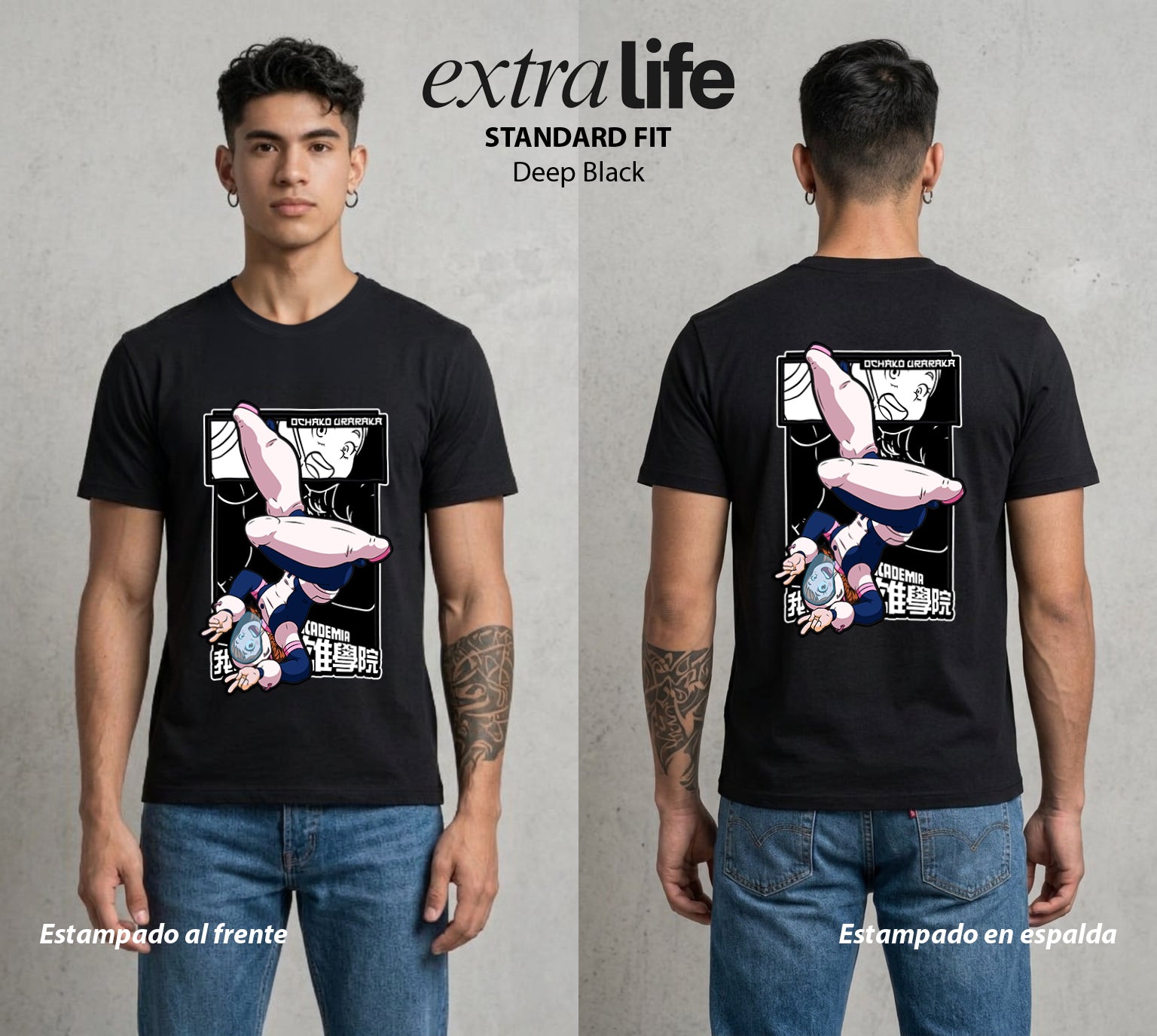 La Academia de Heroes | Sin Gravedad #02561 - Playera Standard Fit | Deep Black - Foto en modelo