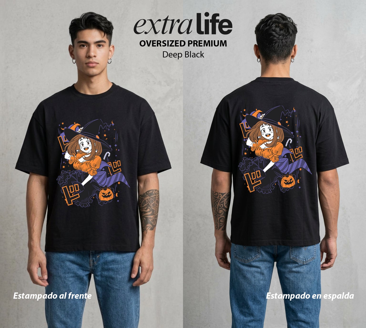 La Academia de Heroes | Sin Gravedad en Halloween #02563 - Playera Oversized Premium | Deep Black - Foto en modelo