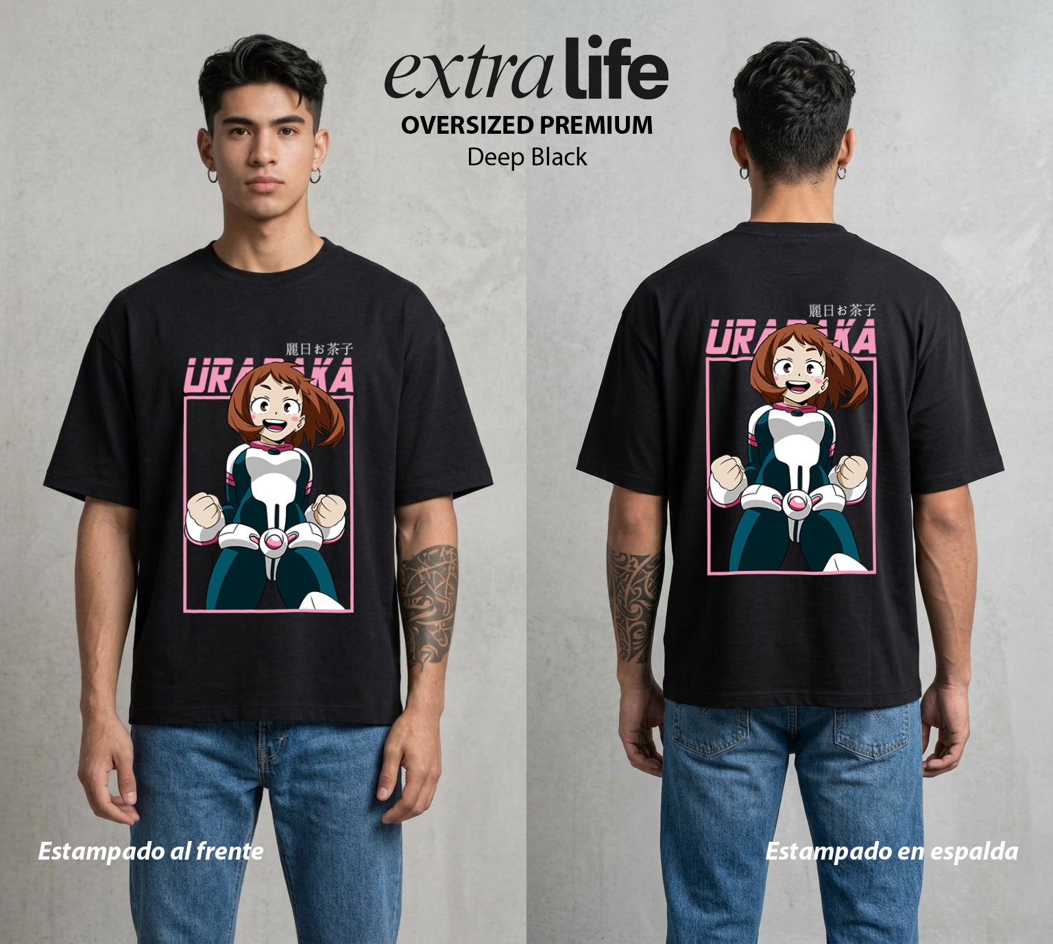 La Academia de Heroes | La Chica de la Gravedad #02564 - Playera Oversized Premium | Deep Black - Foto en modelo