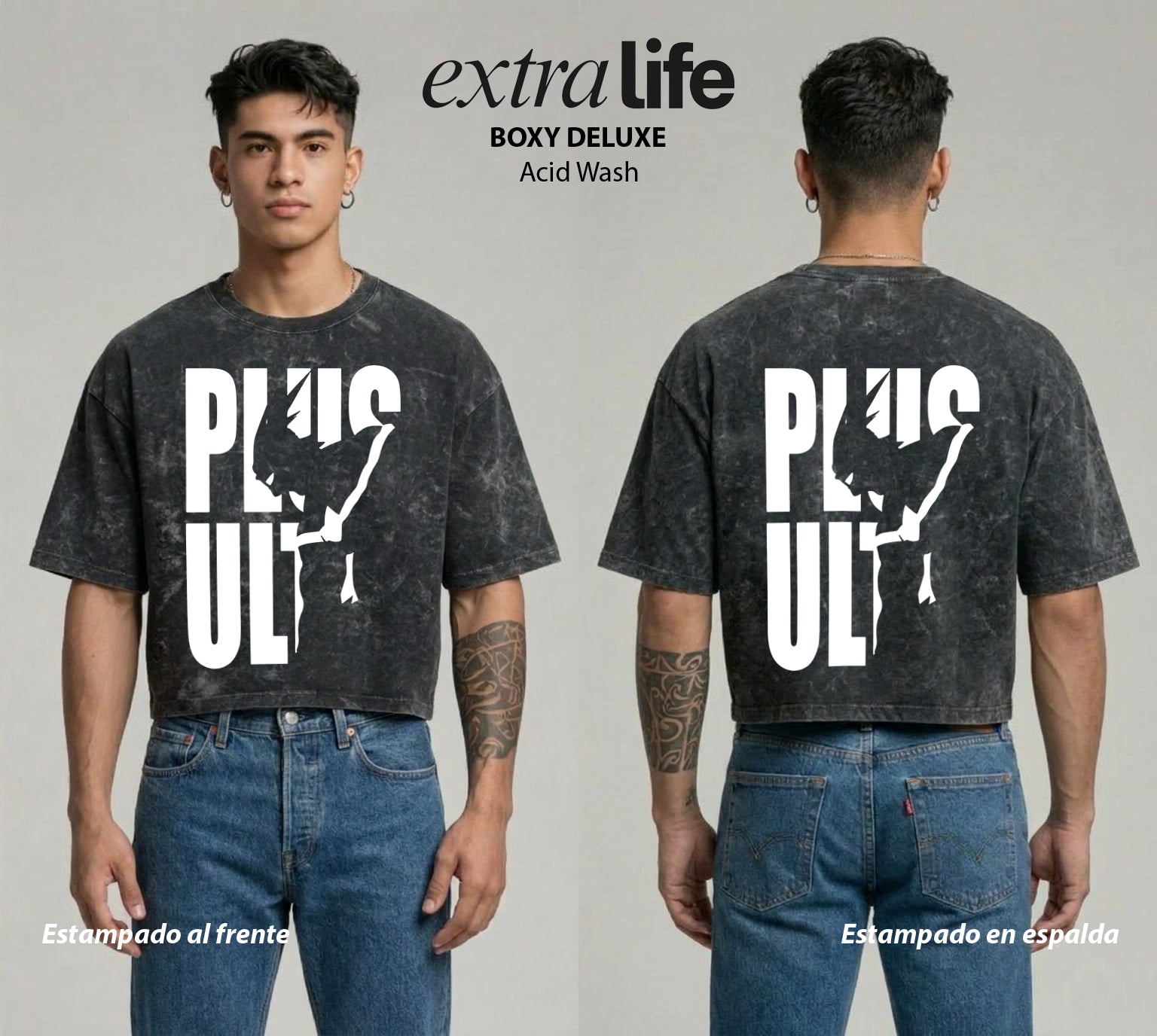 Playera streetwear premium de anime y gaming ExtraLife MX, corte boxy deluxe mineral wash heavyweight en color Acid Wash, moda urbana mexicana de culto.