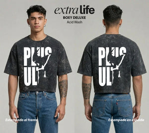 Playera streetwear premium de anime y gaming ExtraLife MX, corte boxy deluxe mineral wash heavyweight en color Acid Wash, moda urbana mexicana de culto.