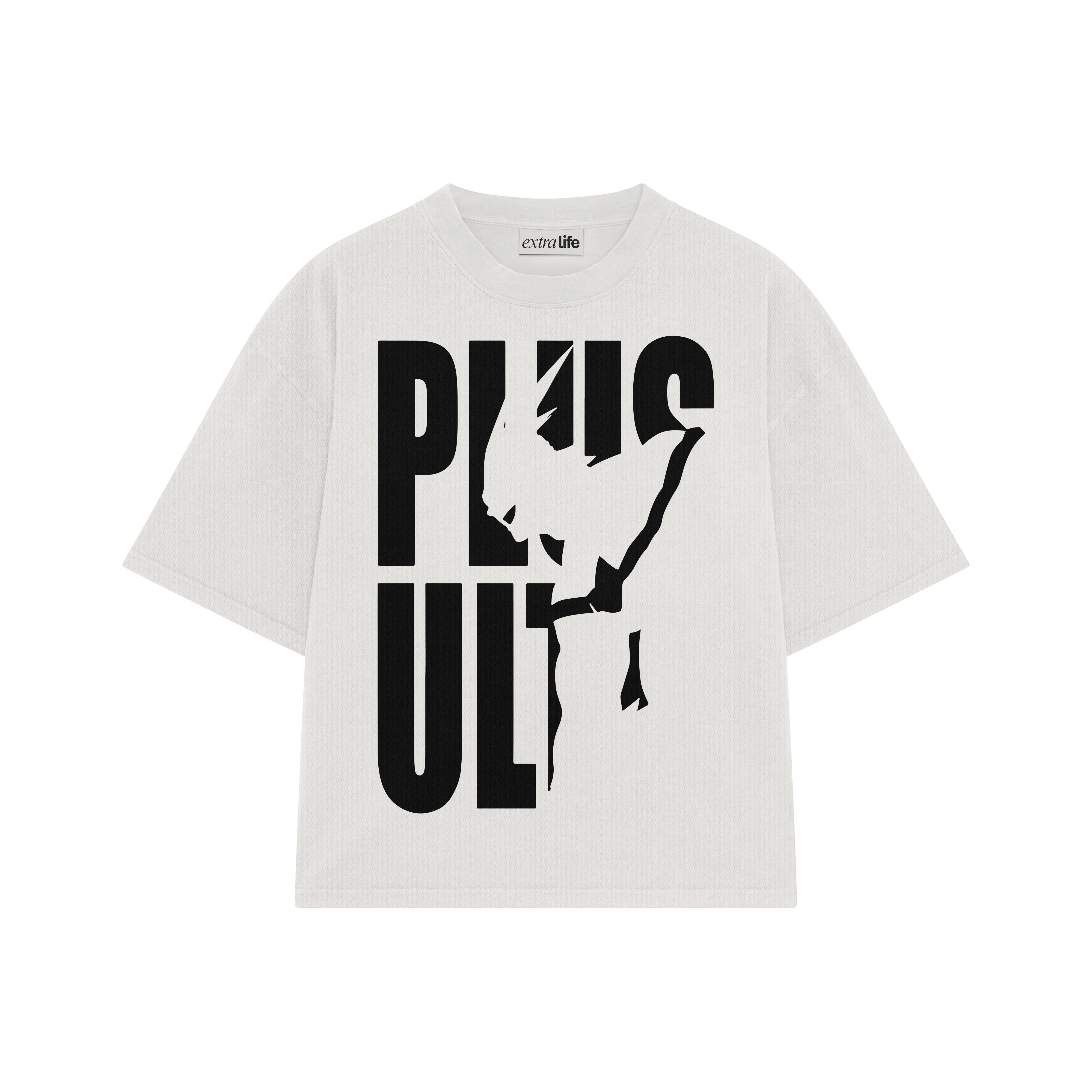 Playera streetwear premium de anime y gaming ExtraLife MX, corte boxy oversized drop shoulder heavyweight en color Deep Black y Off-White, moda urbana mexicana de culto.