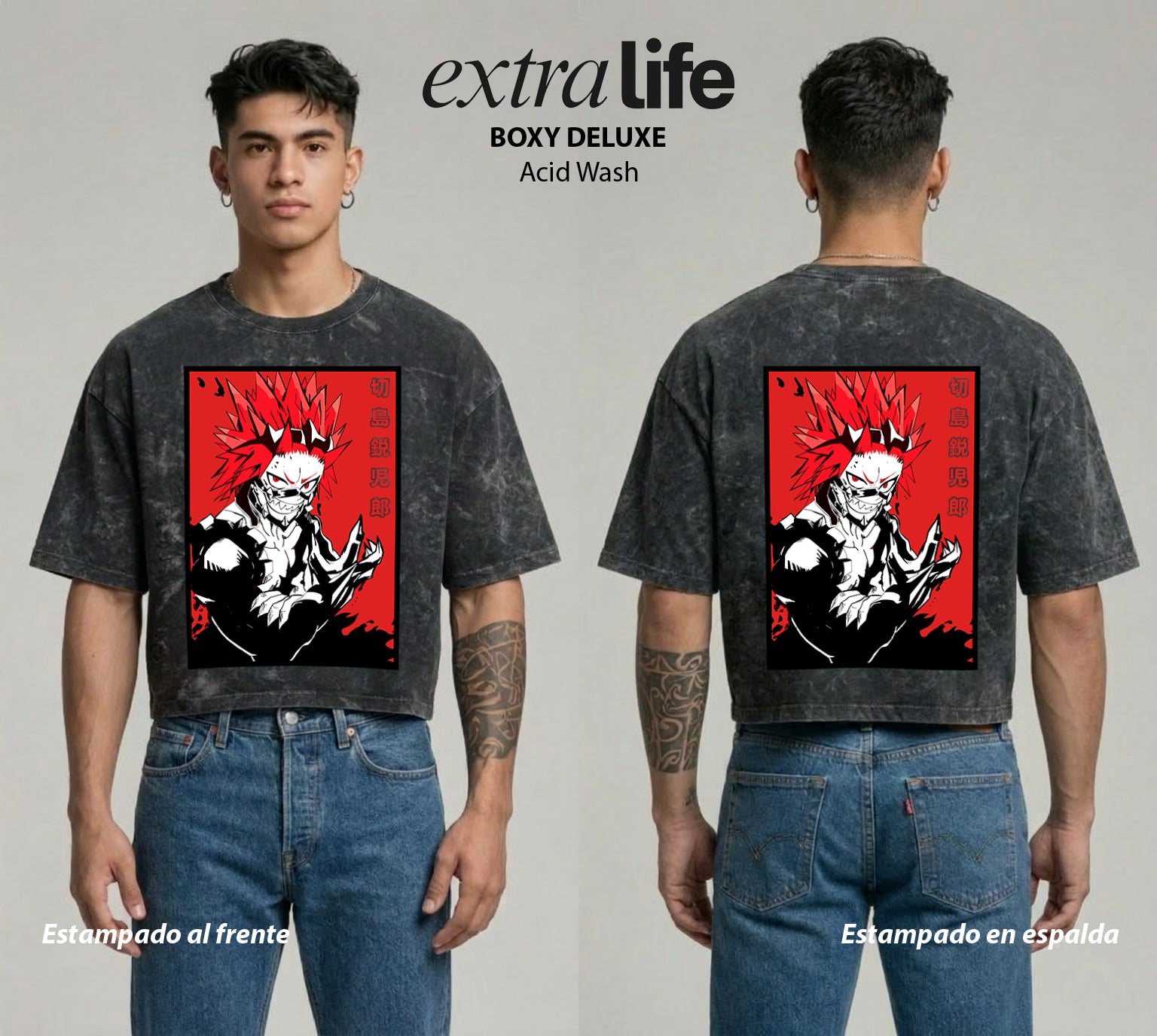 Playera streetwear premium de anime y gaming ExtraLife MX, corte boxy deluxe mineral wash heavyweight en color Acid Wash, moda urbana mexicana de culto.