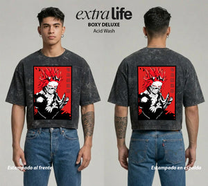 Playera streetwear premium de anime y gaming ExtraLife MX, corte boxy deluxe mineral wash heavyweight en color Acid Wash, moda urbana mexicana de culto.