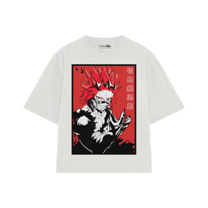 Playera streetwear premium de anime y gaming ExtraLife MX, corte boxy oversized drop shoulder heavyweight en color Deep Black y Off-White, moda urbana mexicana de culto.