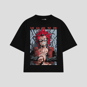 Playera streetwear premium de anime y gaming ExtraLife MX, corte boxy oversized drop shoulder heavyweight en color Deep Black y Off-White, moda urbana mexicana de culto.