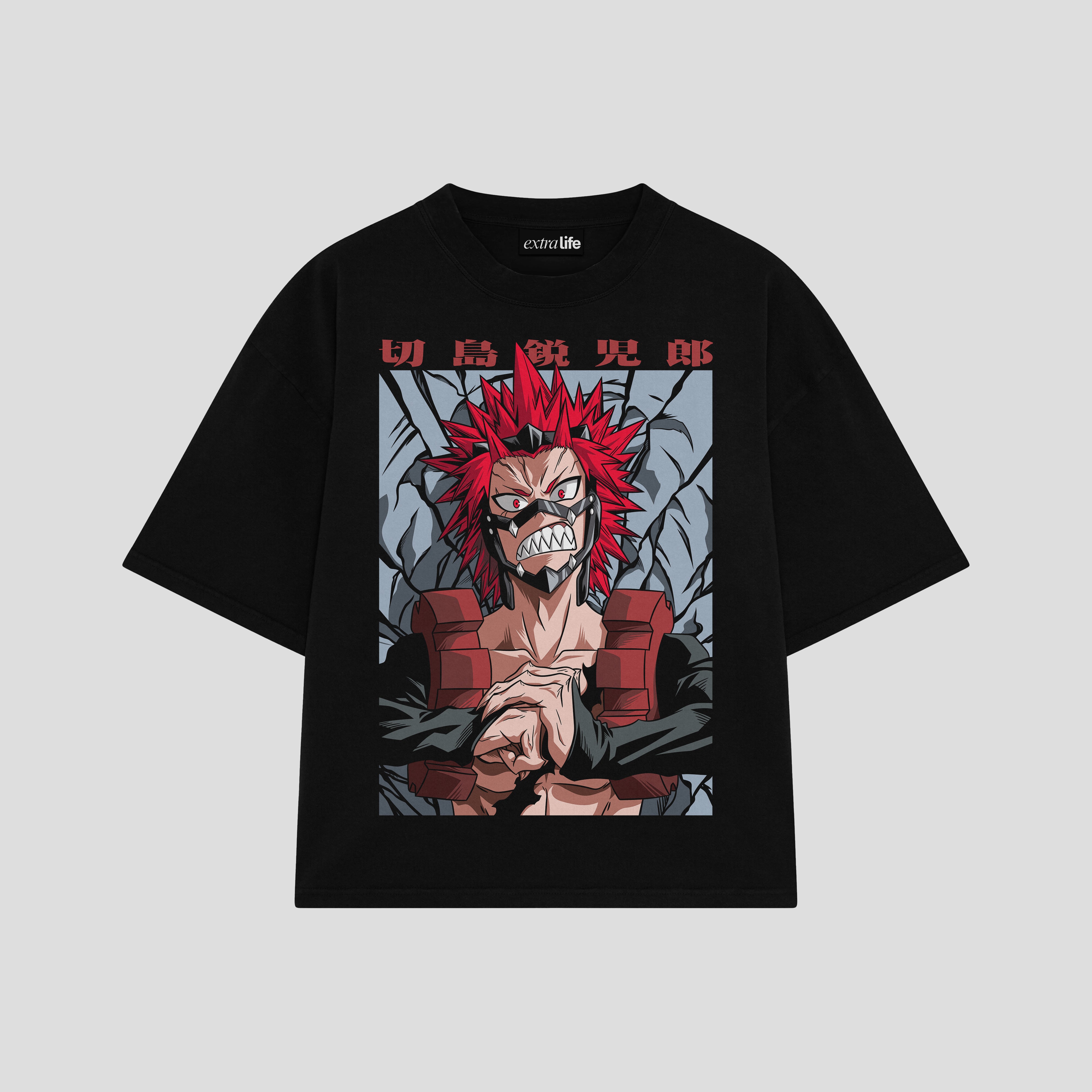 Playera streetwear premium de anime y gaming ExtraLife MX, corte boxy oversized drop shoulder heavyweight en color Deep Black y Off-White, moda urbana mexicana de culto.