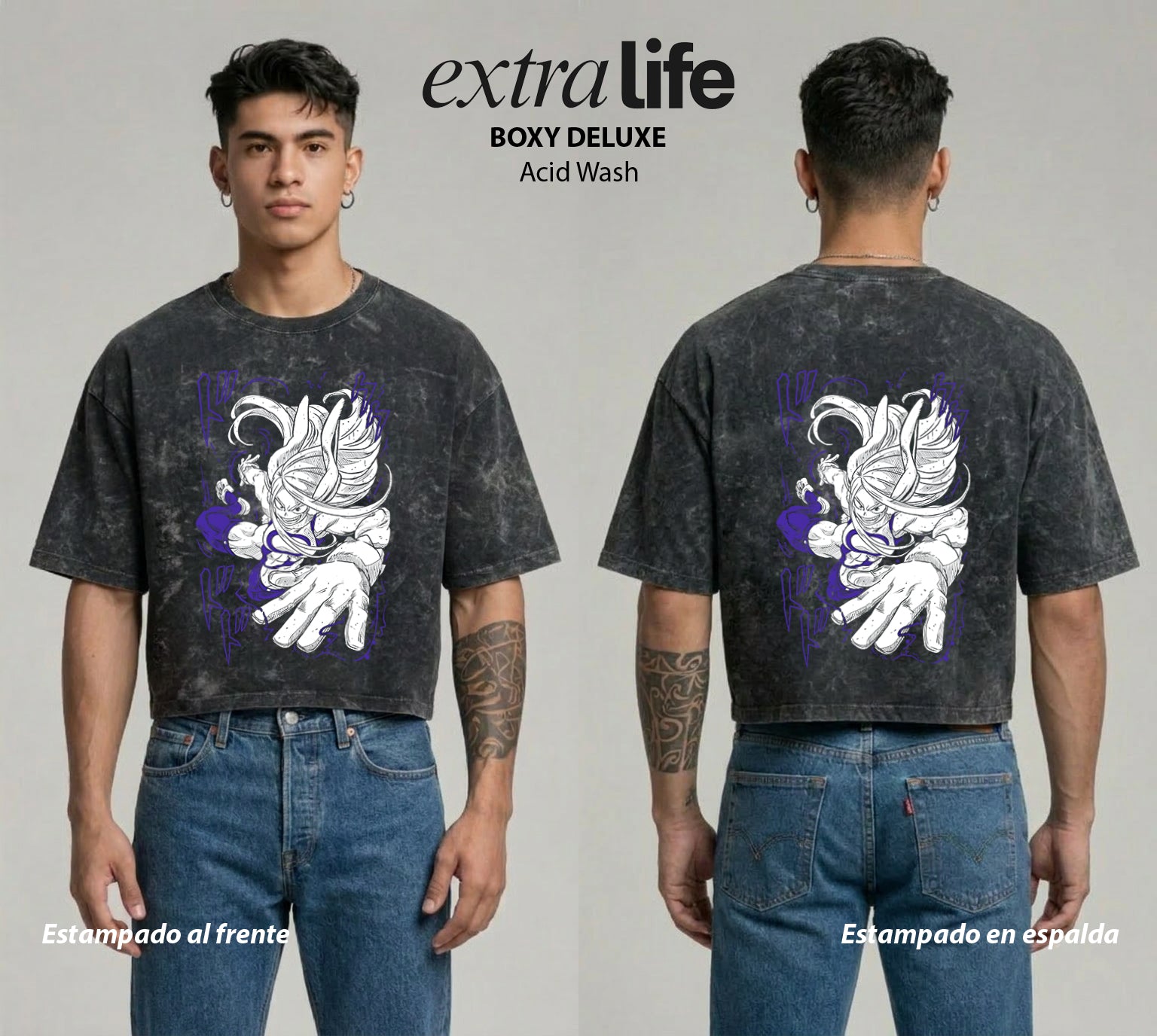 Playera streetwear premium de anime y gaming ExtraLife MX, corte boxy deluxe mineral wash heavyweight en color Acid Wash, moda urbana mexicana de culto.