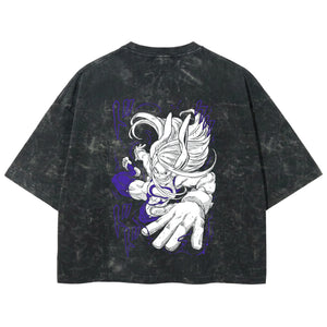 Playera streetwear premium de anime y gaming ExtraLife MX, corte boxy deluxe mineral wash heavyweight en color Acid Wash, moda urbana mexicana de culto.