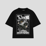 Playera streetwear premium de anime y gaming ExtraLife MX, corte boxy oversized drop shoulder heavyweight en color Deep Black y Off-White, moda urbana mexicana de culto.