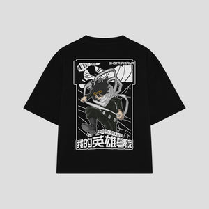 Playera streetwear premium de anime y gaming ExtraLife MX, corte boxy oversized drop shoulder heavyweight en color Deep Black y Off-White, moda urbana mexicana de culto.