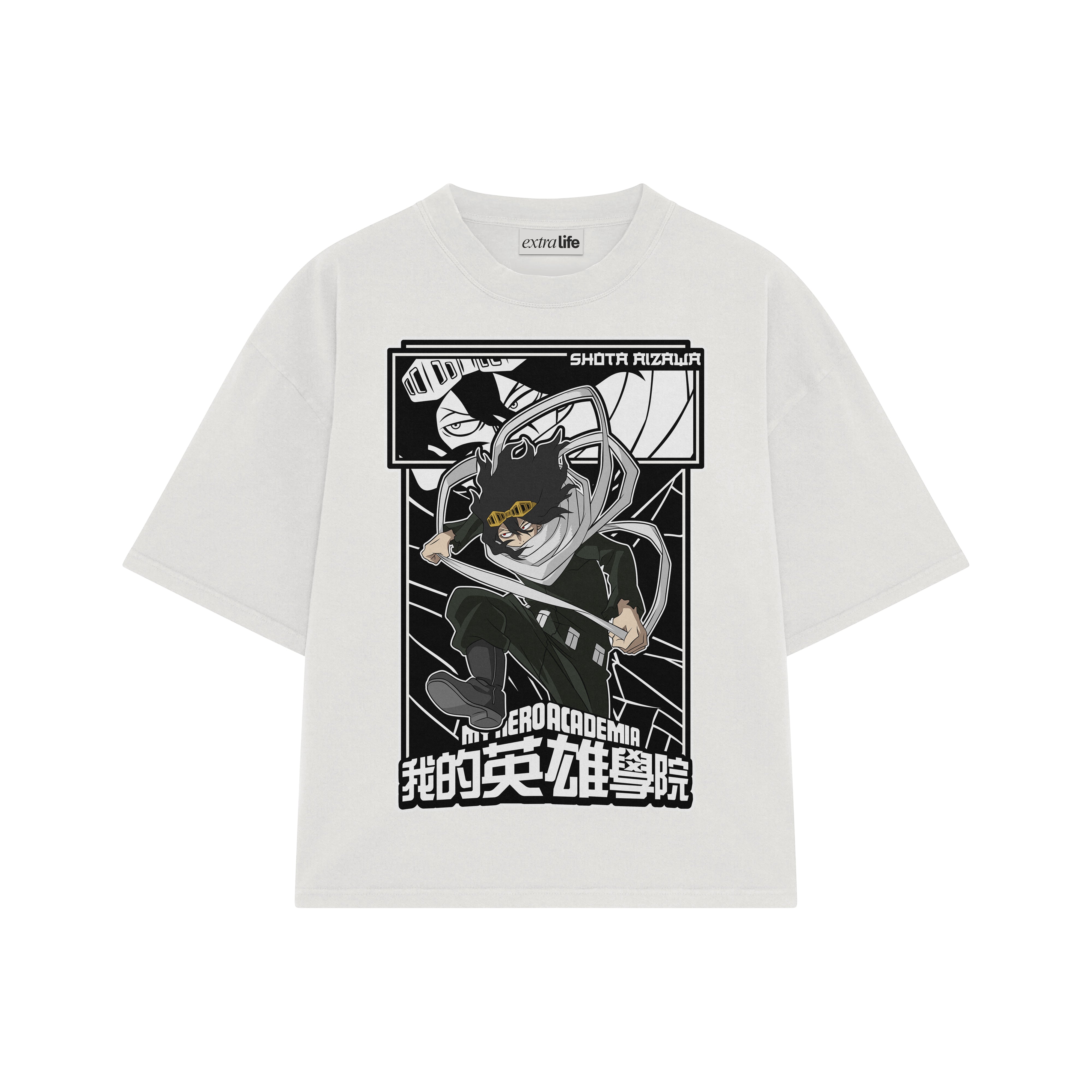 Playera streetwear premium de anime y gaming ExtraLife MX, corte boxy oversized drop shoulder heavyweight en color Deep Black y Off-White, moda urbana mexicana de culto.