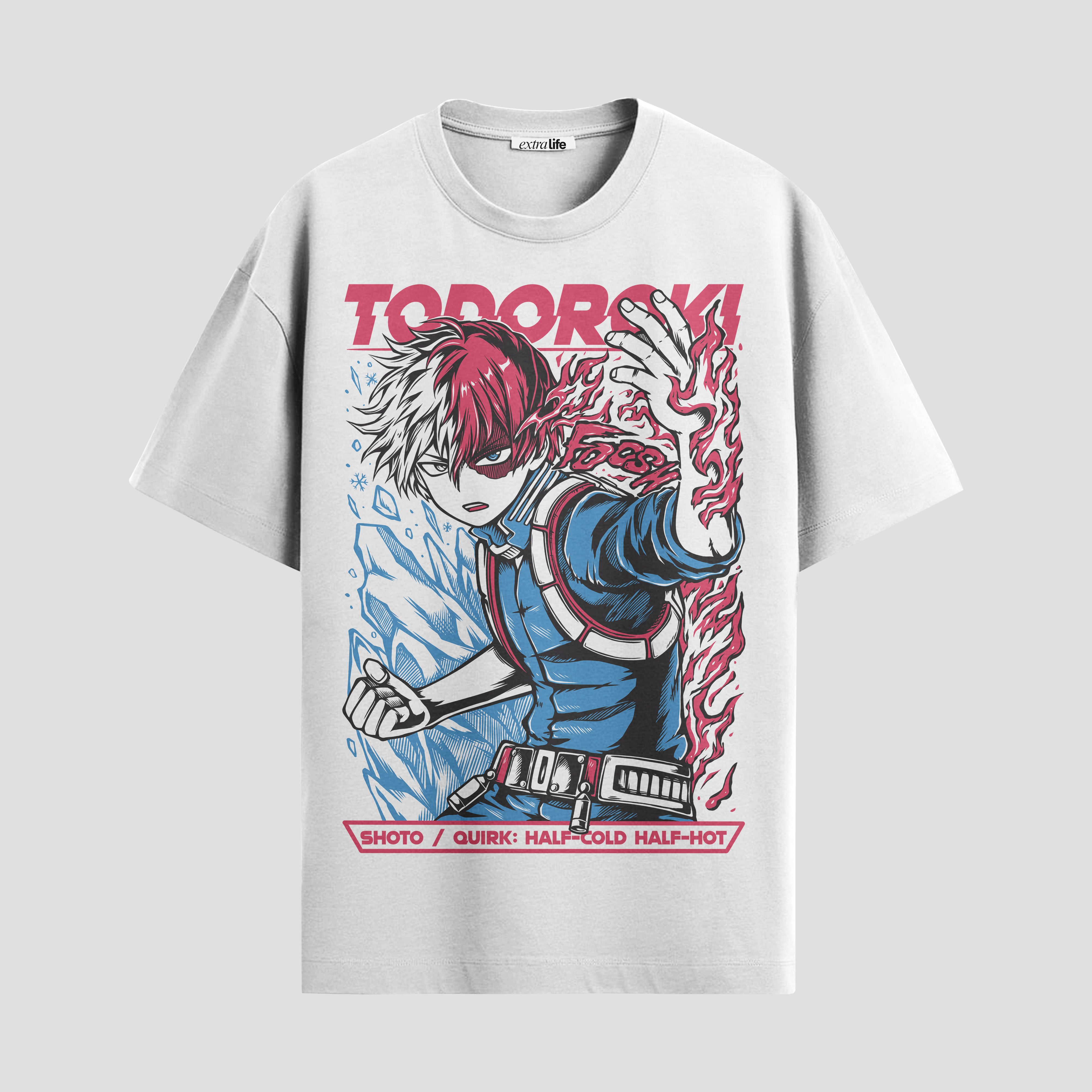 Playera urbana de anime y gaming ExtraLife MX, corte Standard Fit unisex ligero y transpirable en color Deep Black y Pure White, ropa de uso diario para gym y casual.
