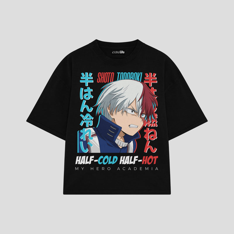 Playera streetwear premium de anime y gaming ExtraLife MX, corte boxy oversized drop shoulder heavyweight en color Deep Black y Off-White, moda urbana mexicana de culto.