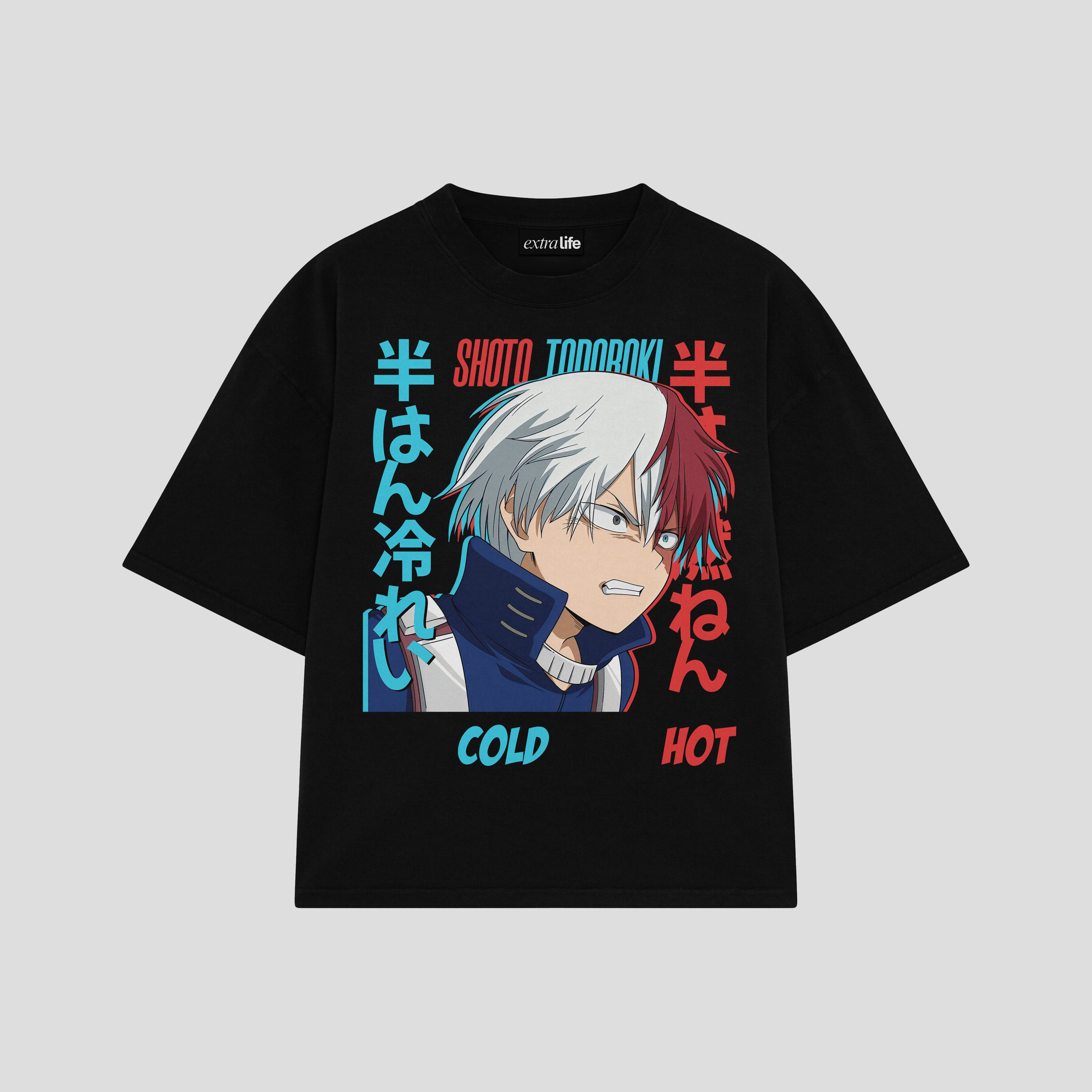 Playera streetwear premium de anime y gaming ExtraLife MX, corte boxy oversized drop shoulder heavyweight en color Deep Black y Off-White, moda urbana mexicana de culto.