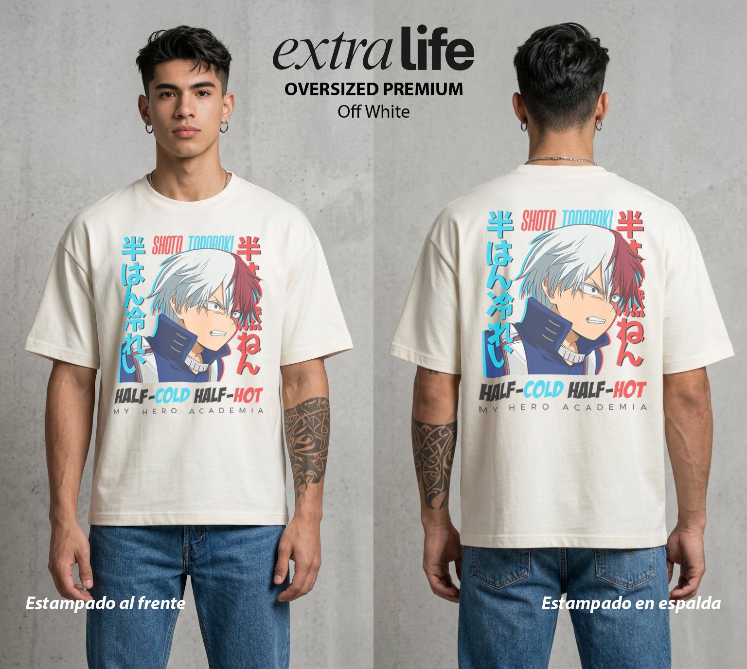 La Academia de Heroes | La Herencia del Frio y Calor #02577 - Playera Oversized Premium | Off White - Foto en modelo