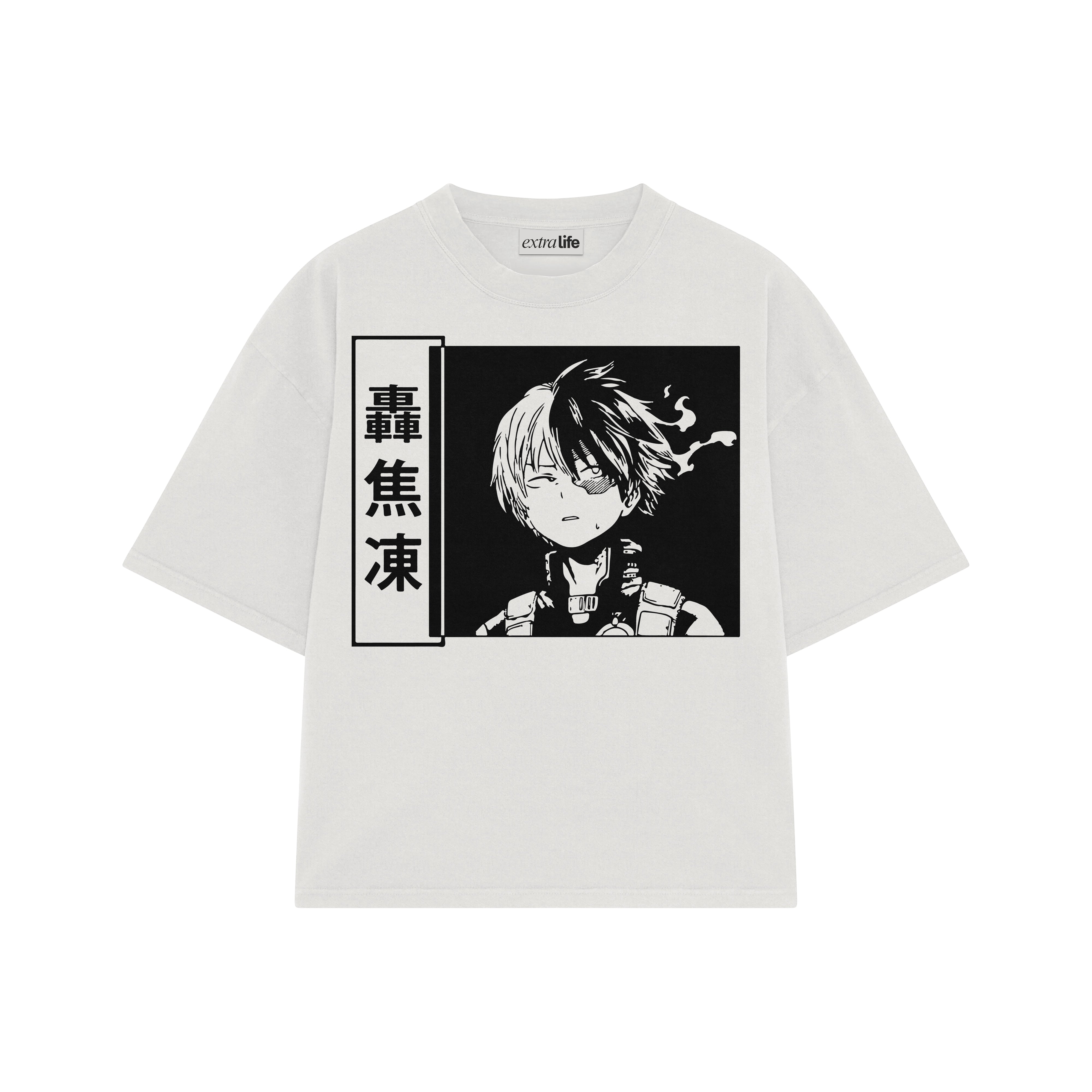 Playera streetwear premium de anime y gaming ExtraLife MX, corte boxy oversized drop shoulder heavyweight en color Deep Black y Off-White, moda urbana mexicana de culto.