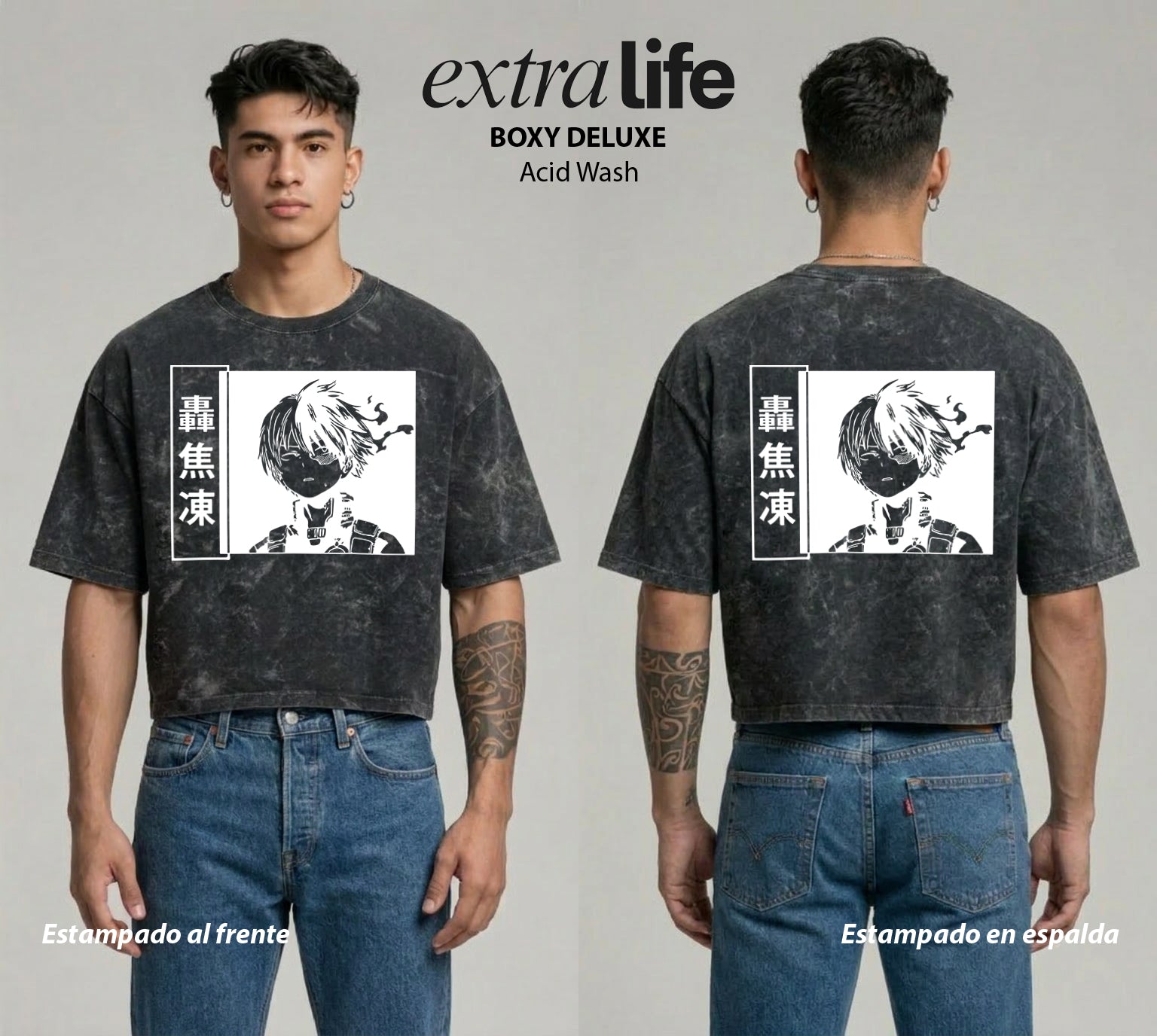 Playera streetwear premium de anime y gaming ExtraLife MX, corte boxy deluxe mineral wash heavyweight en color Acid Wash, moda urbana mexicana de culto.