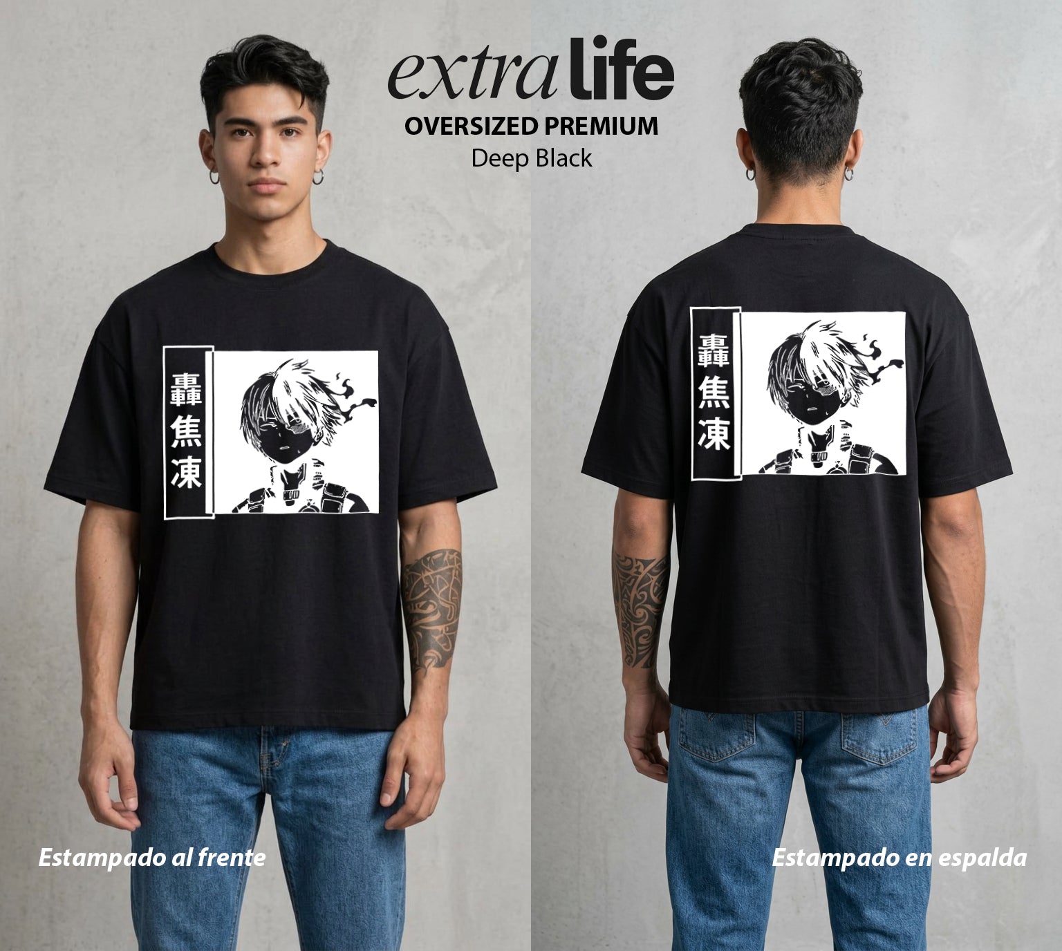 La Academia de Heroes | Hielo y Fuego en Uno #02579 - Playera Oversized Premium | Deep Black - Foto en modelo