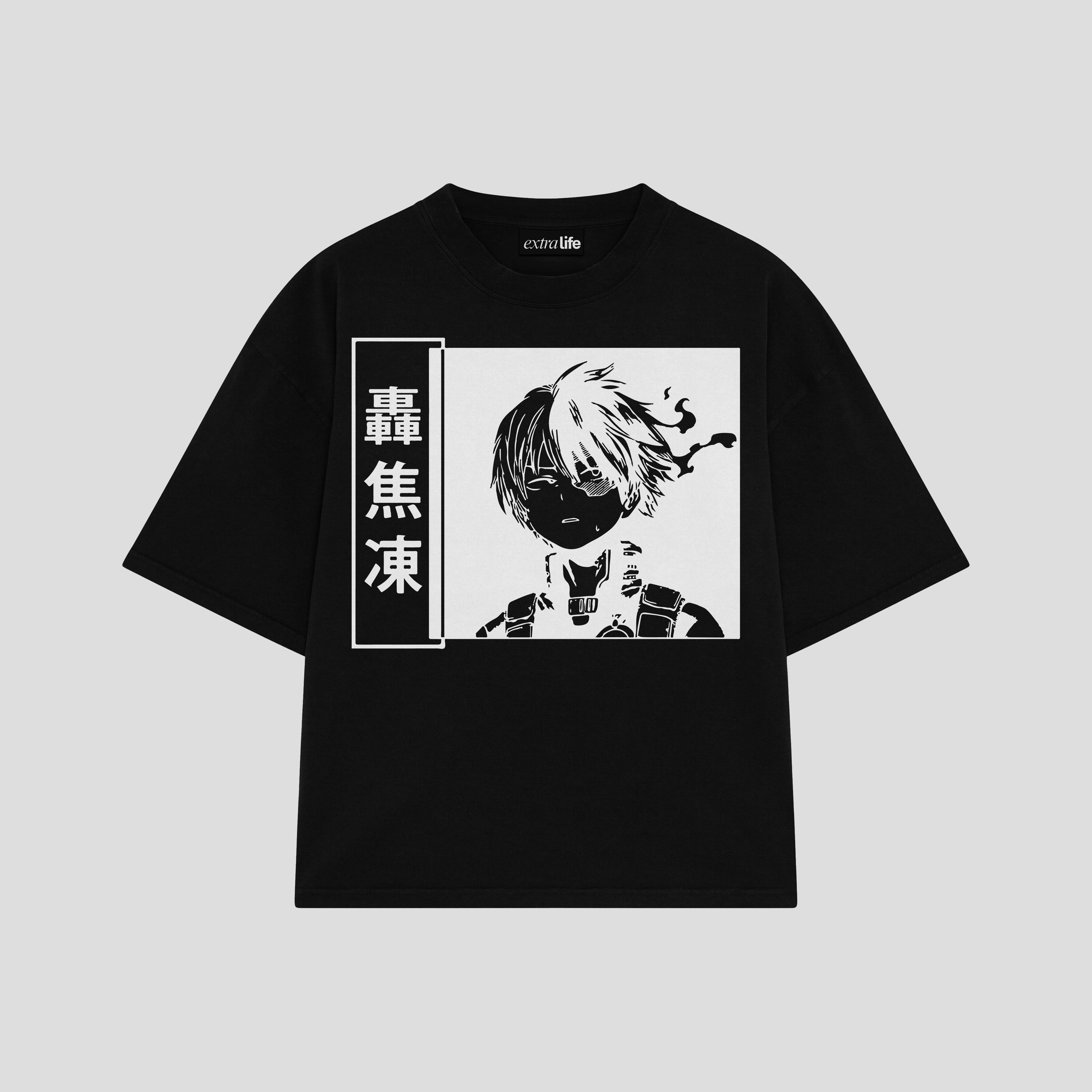 Playera streetwear premium de anime y gaming ExtraLife MX, corte boxy oversized drop shoulder heavyweight en color Deep Black y Off-White, moda urbana mexicana de culto.